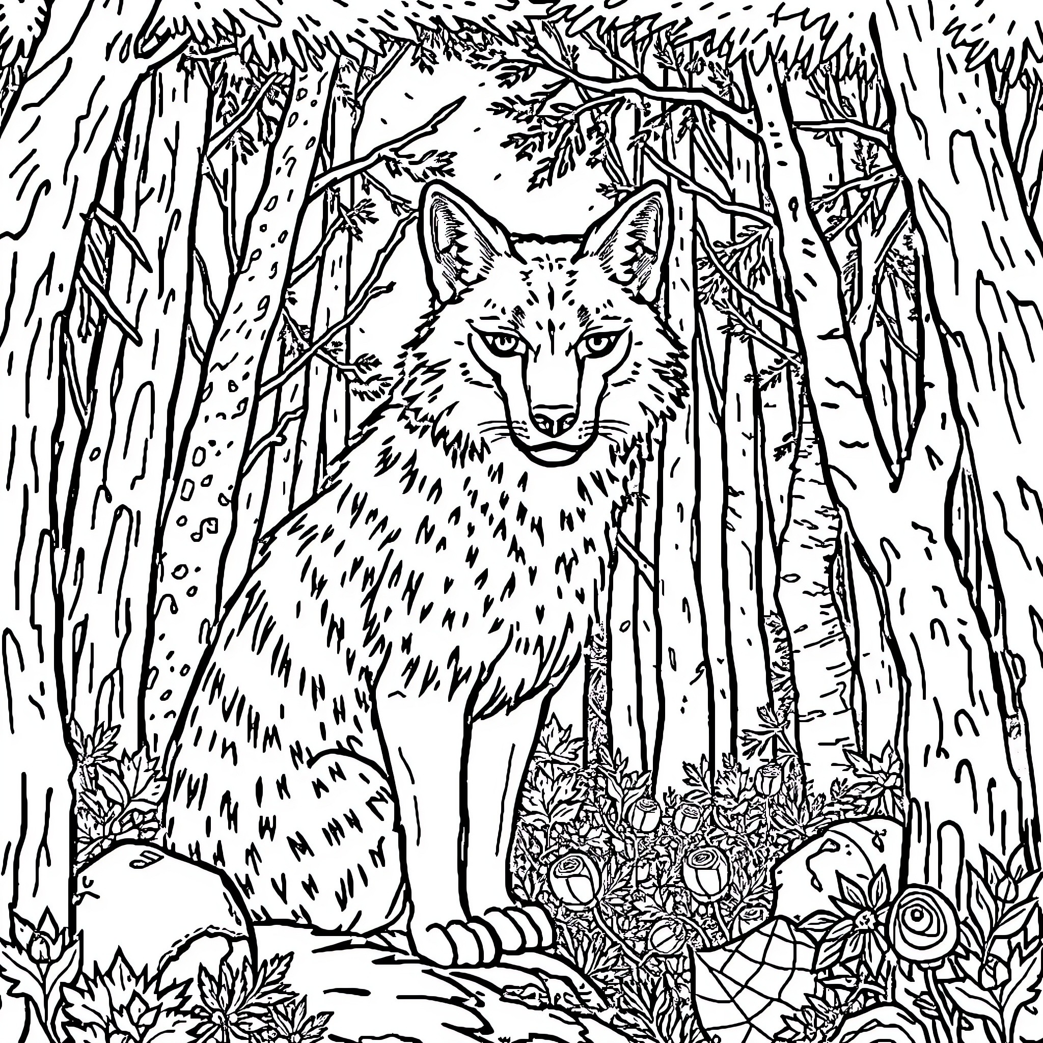 Wolf prowling through the dense forest Coloring Page (free black-and-white line drawing printable PDF for all, from beginners to advanced learners, including children, teens, adults, and seniors)