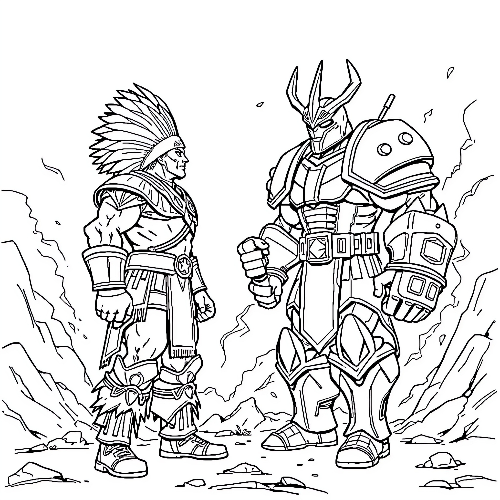 Mr. Chief Confronts the Fearsome Robot in Action Coloring Page (free black-and-white line drawing printable PDF for all, from beginners to advanced learners, including children, teens, adults, and seniors)