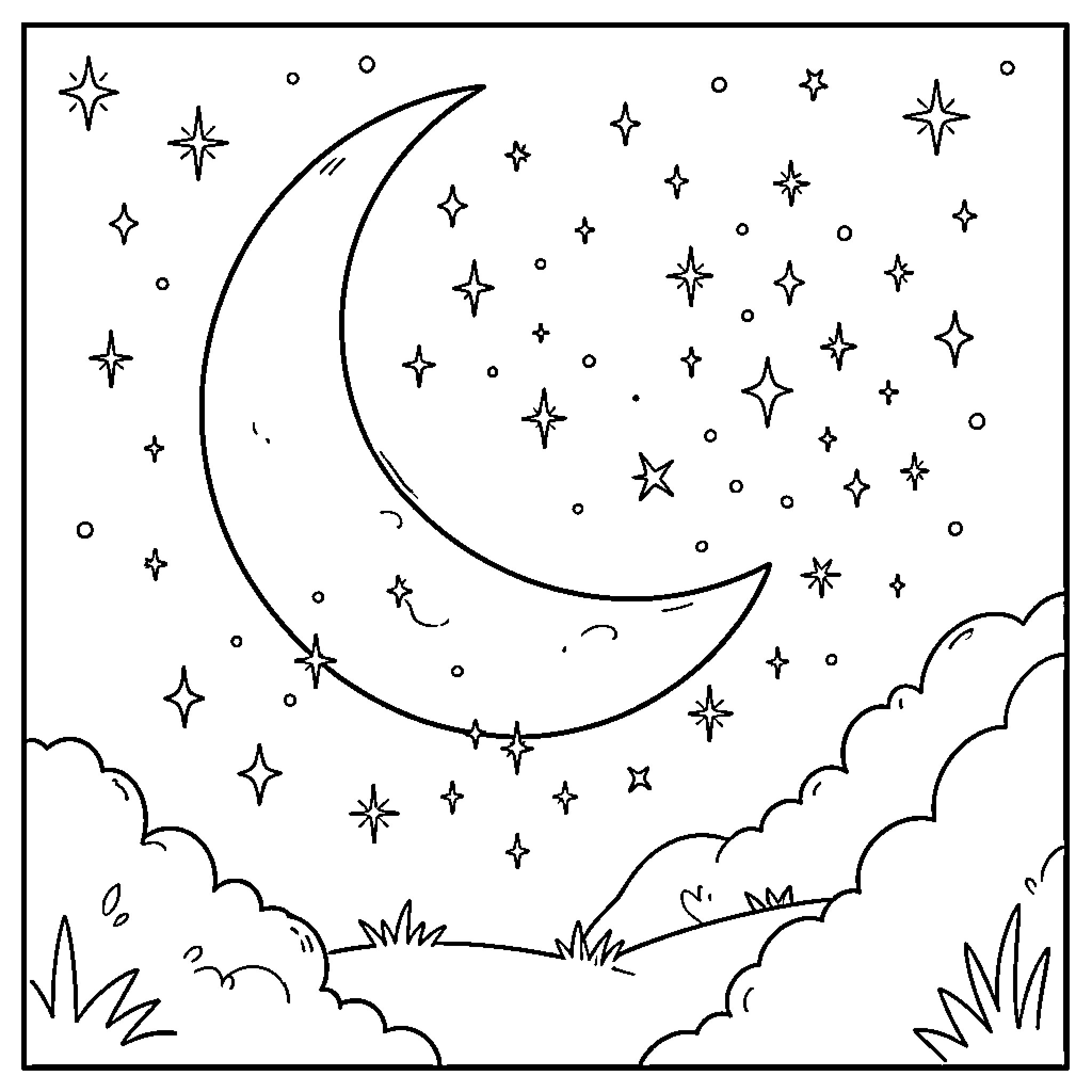 Magic Starry Night Sky with Crescent Moon Coloring Page (free black-and-white line drawing printable PDF for all, from beginners to advanced learners, including children, teens, adults, and seniors)