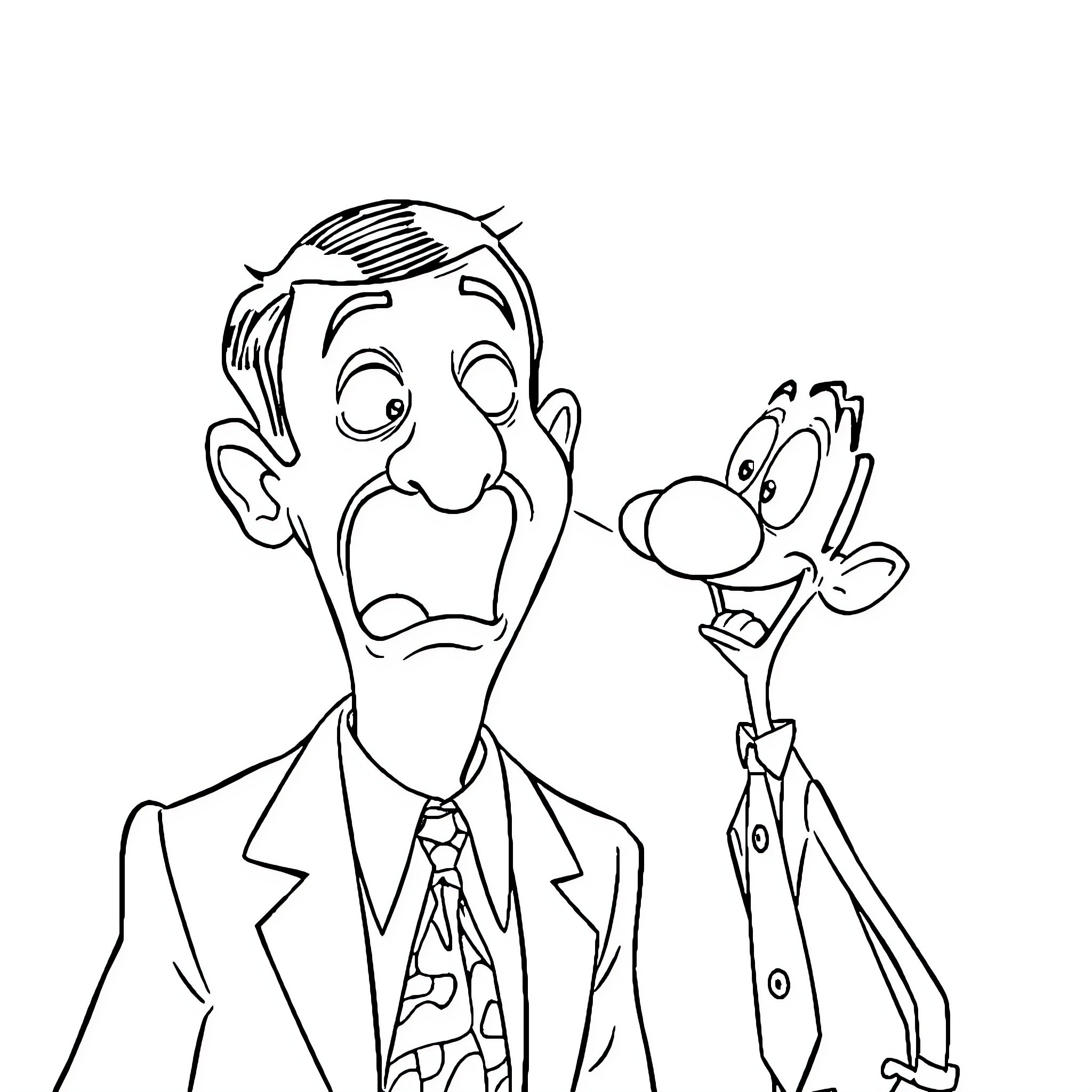 Mr Bean and his mischievous companion in trouble Coloring Page (free black-and-white line drawing printable PDF for all, from beginners to advanced learners, including children, teens, adults, and seniors)