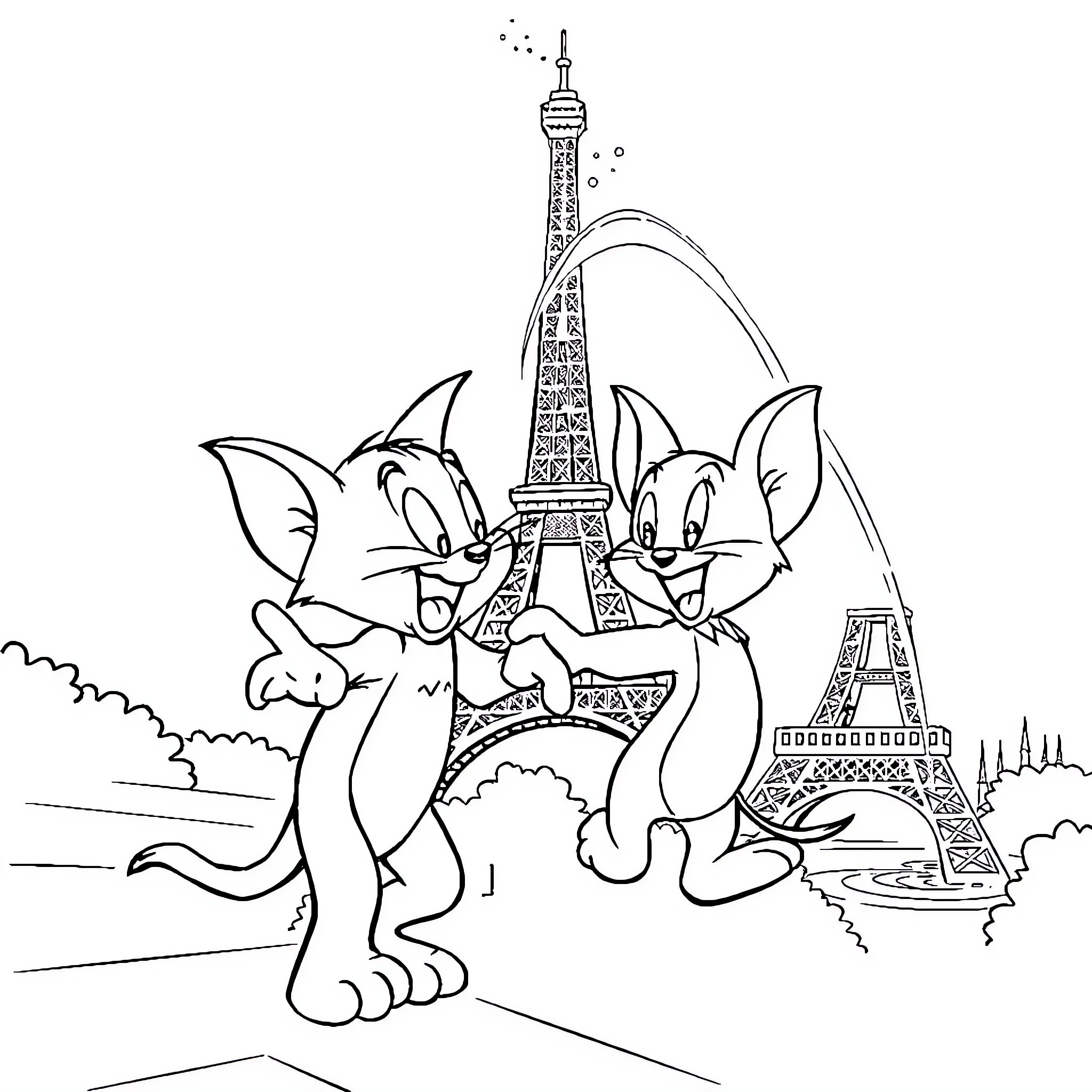 Tom and Jerry's Parisian Adventure Coloring Page (free black-and-white line drawing printable PDF for all, from beginners to advanced learners, including children, teens, adults, and seniors)