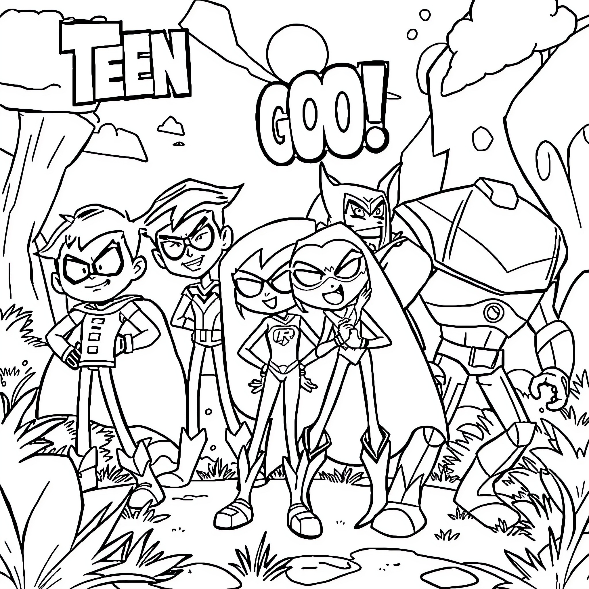Teen Titans in Action Adventure Scene Coloring Page (free black-and-white line drawing printable PDF for all, from beginners to advanced learners, including children, teens, adults, and seniors)