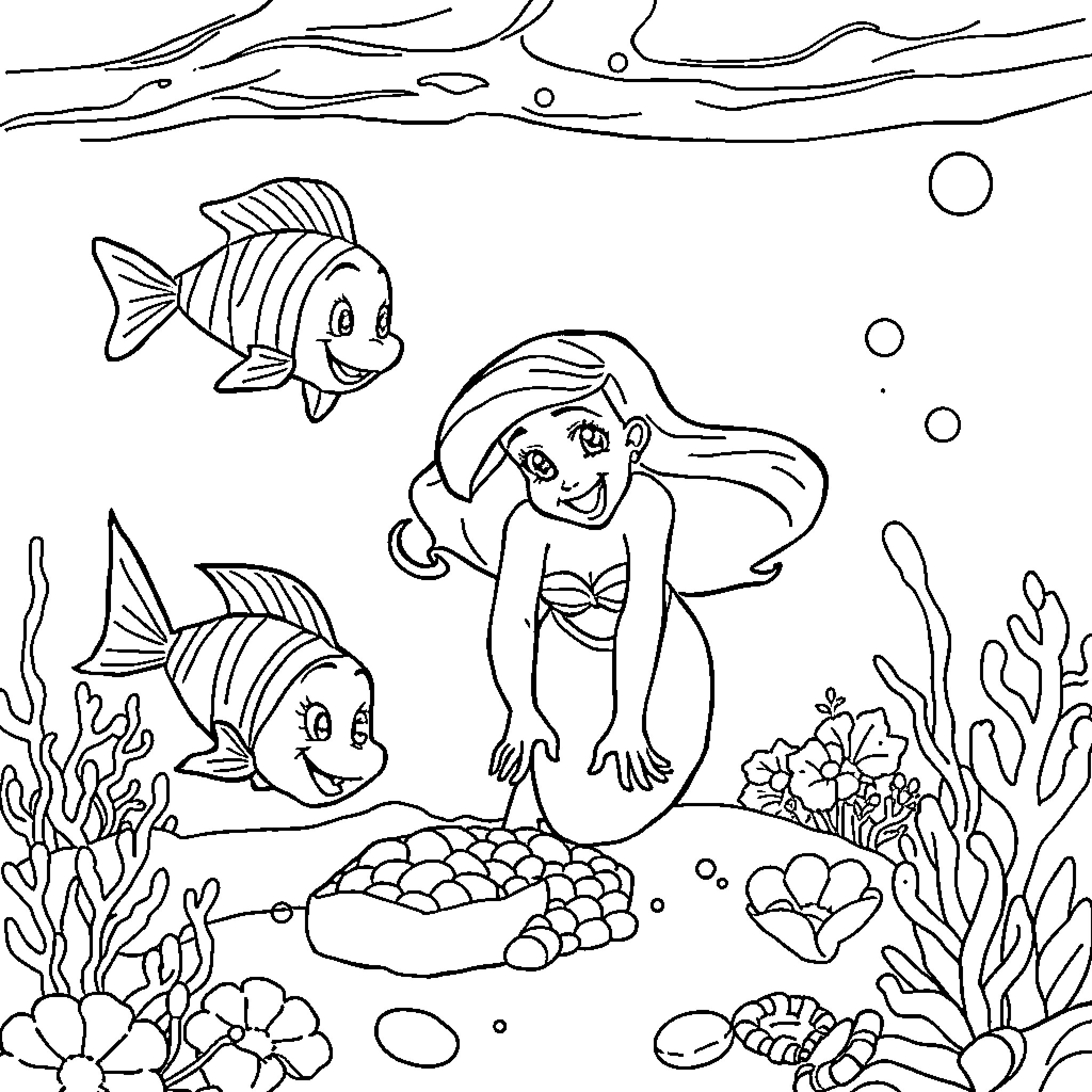Ariel exploring the underwater world with marine life Coloring Page (free black-and-white line drawing printable PDF for all, from beginners to advanced learners, including children, teens, adults, and seniors)