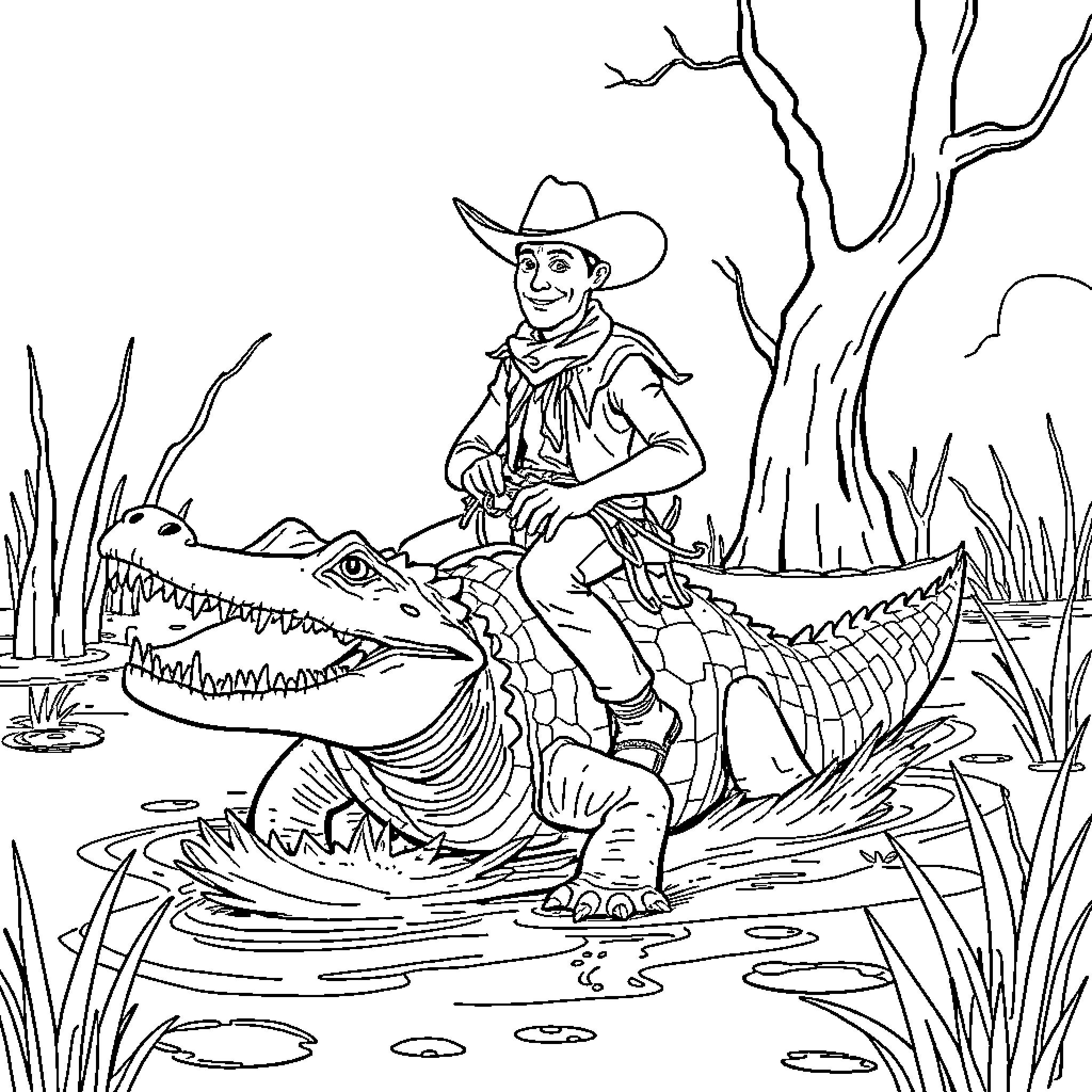 Cowboy riding an alligator in the swamp Coloring Page (free black-and-white line drawing printable PDF for all, from beginners to advanced learners, including children, teens, adults, and seniors)