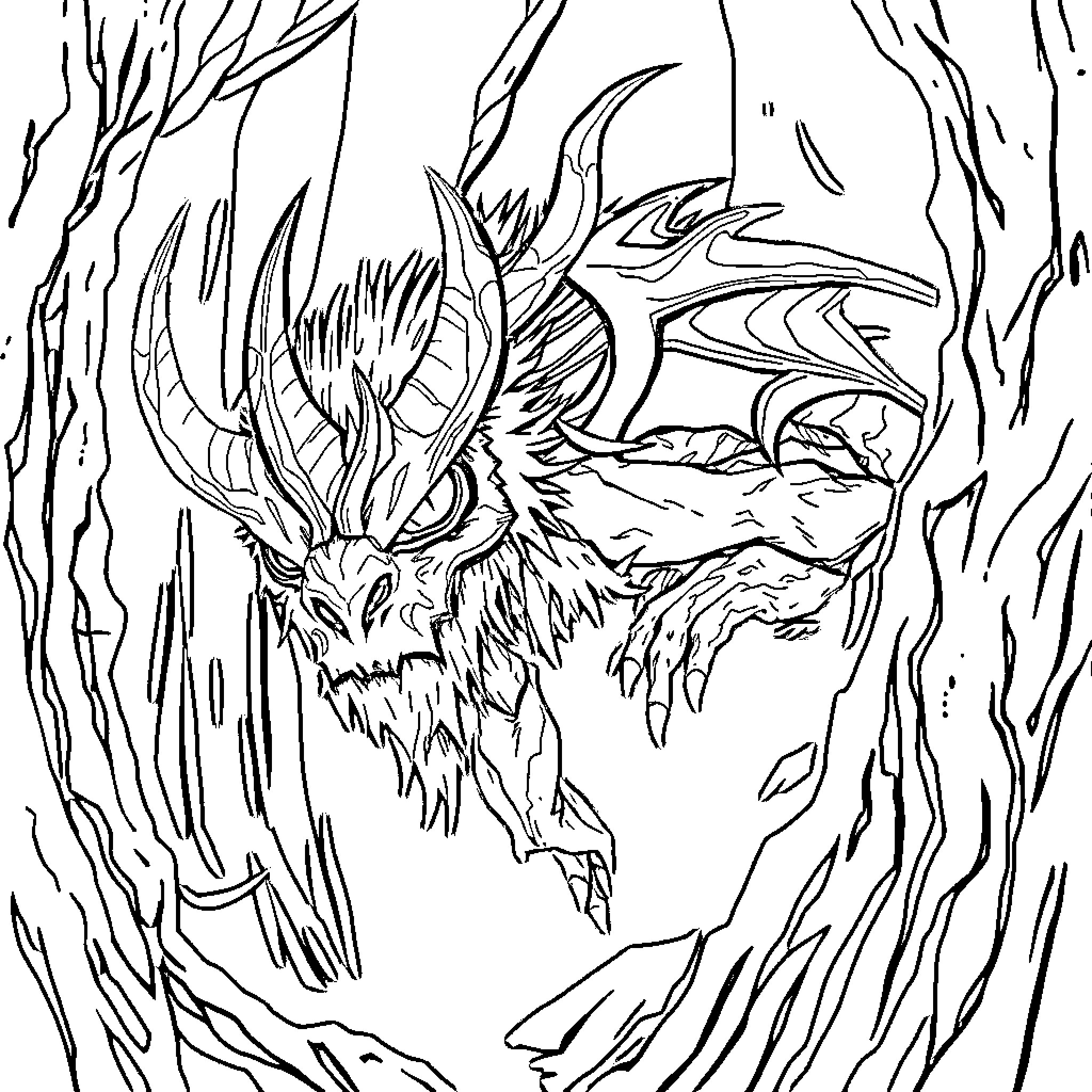 Nidr Fearsome Creature Emerges from Darkness Coloring Page (free black-and-white line drawing printable PDF for all, from beginners to advanced learners, including children, teens, adults, and seniors)