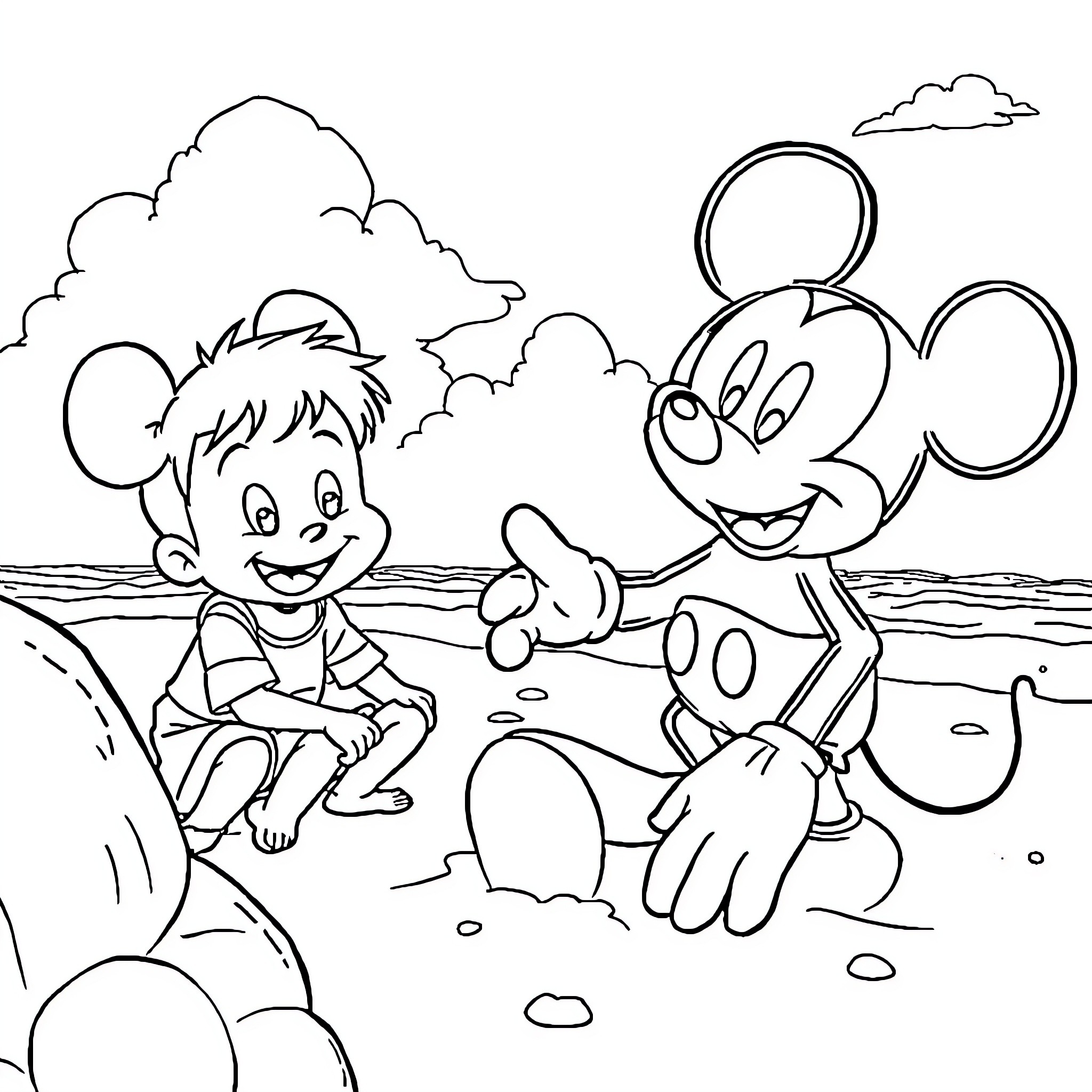 Mickey Mouse and boy playing on the beach Coloring Page (free black-and-white line drawing printable PDF for all, from beginners to advanced learners, including children, teens, adults, and seniors)