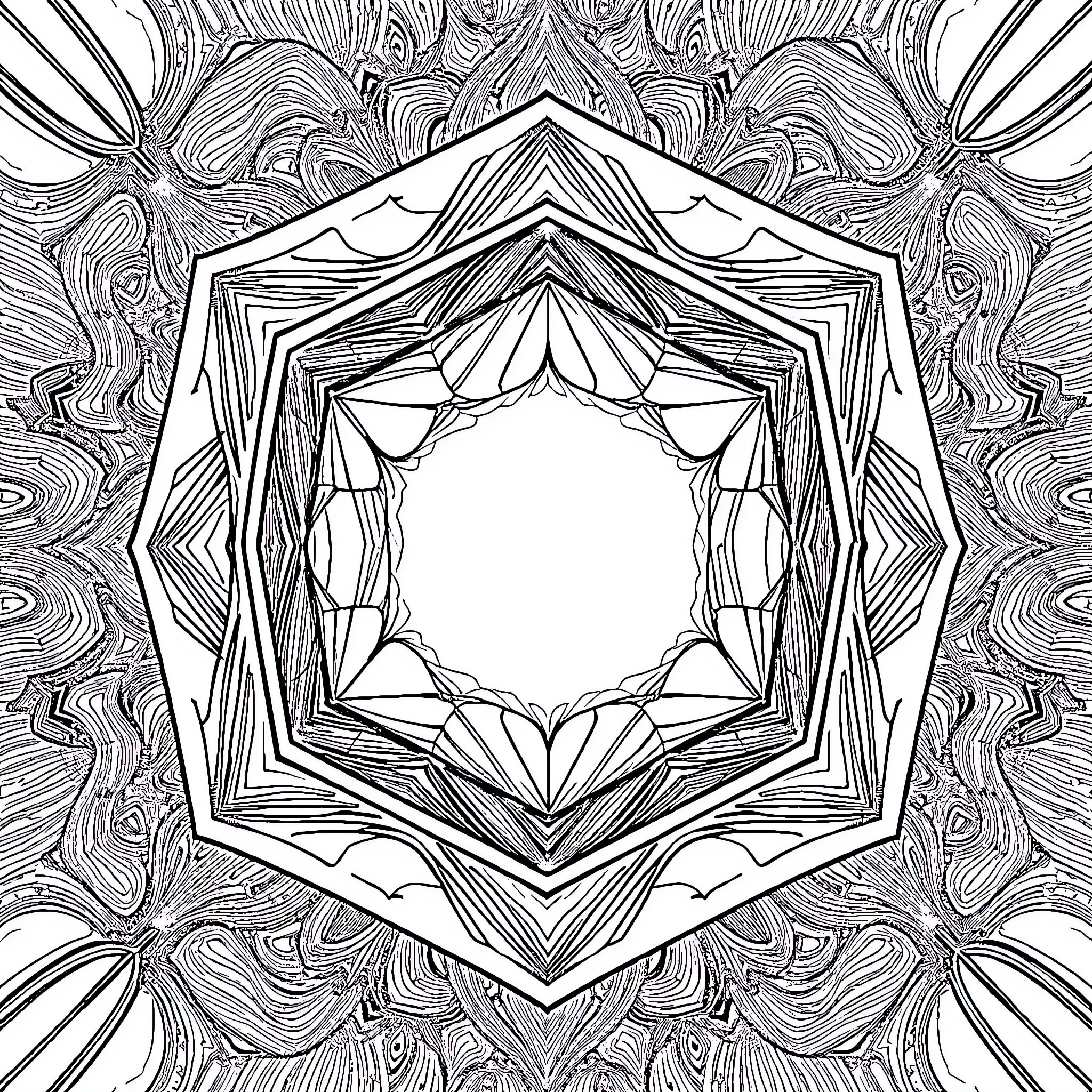 Hexagon Geometric Patterns in Symmetry Coloring Page (free black-and-white line drawing printable PDF for all, from beginners to advanced learners, including children, teens, adults, and seniors)