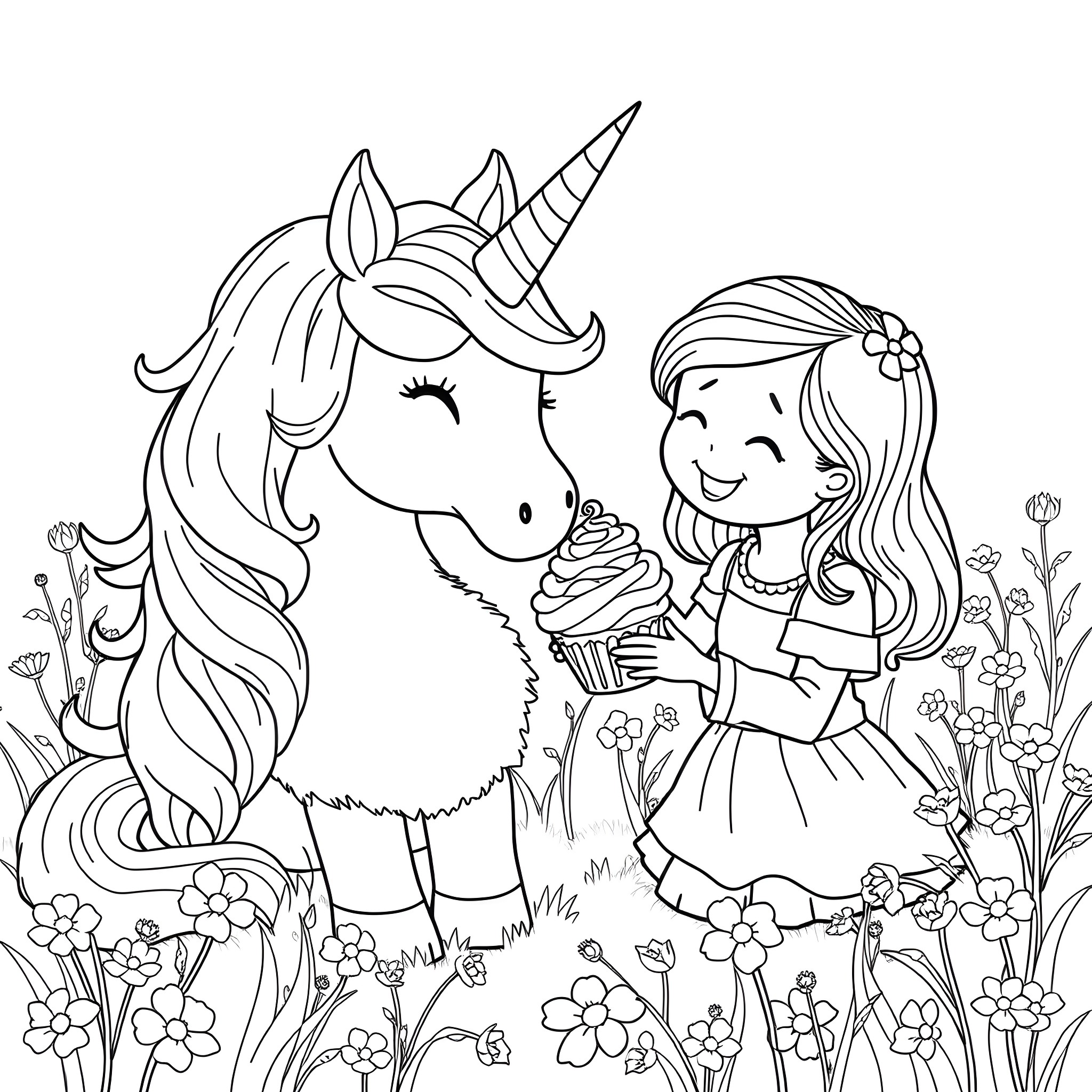 Unicorn and girl enjoying a cupcake in the meadow Coloring Page (free black-and-white line drawing printable PDF for all, from beginners to advanced learners, including children, teens, adults, and seniors)