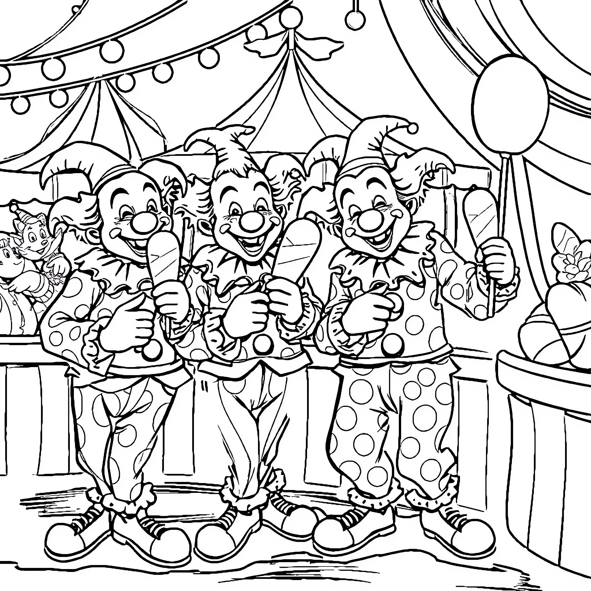 Clowns Performing Cheerfully in a Circus Coloring Page (free black-and-white line drawing printable PDF for all, from beginners to advanced learners, including children, teens, adults, and seniors)