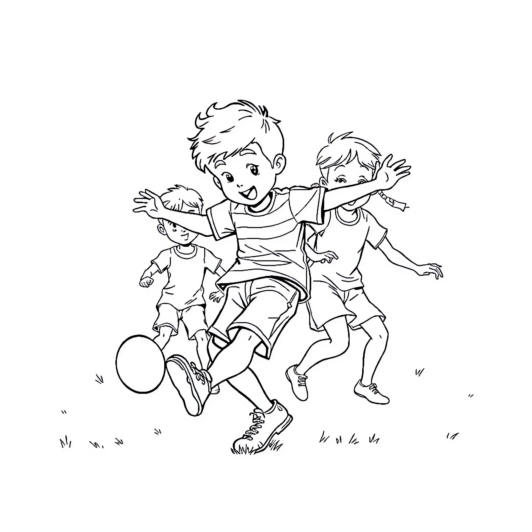 Kid friends playing joyfully together Coloring Page (free black-and-white line drawing printable PDF for all, from beginners to advanced learners, including children, teens, adults, and seniors)