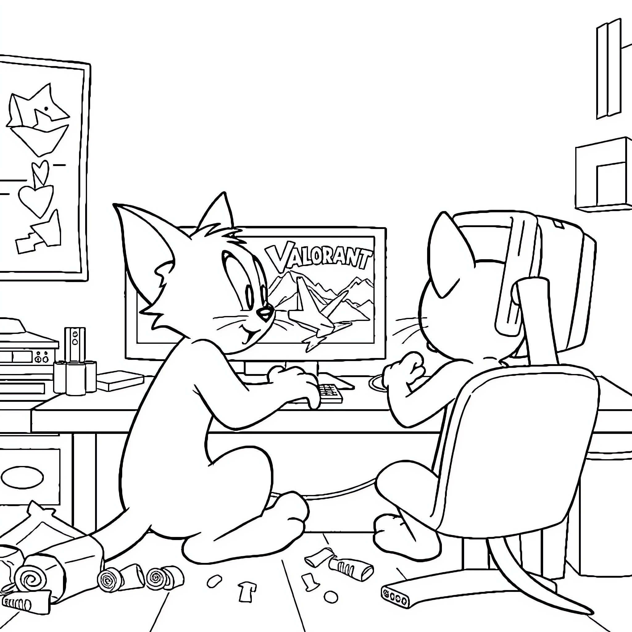 Tom and Jerry playing video games at home Coloring Page (free black-and-white line drawing printable PDF for all, from beginners to advanced learners, including children, teens, adults, and seniors)