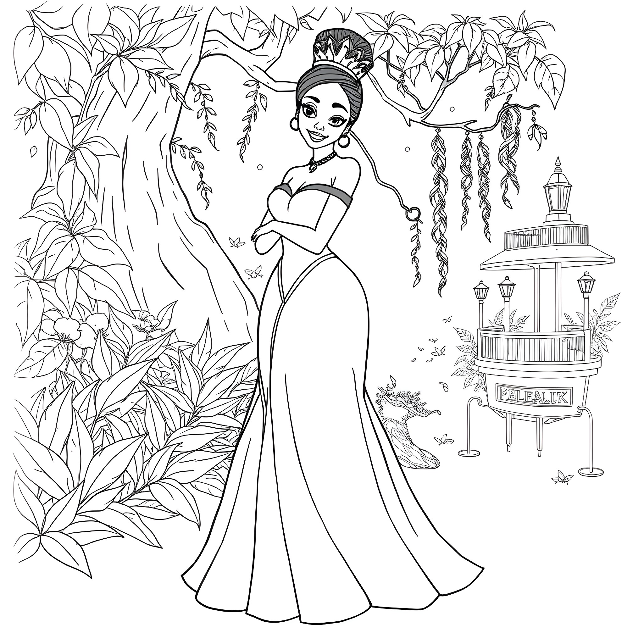 Tiana exploring the enchanting garden Coloring Page (free black-and-white line drawing printable PDF for all, from beginners to advanced learners, including children, teens, adults, and seniors)
