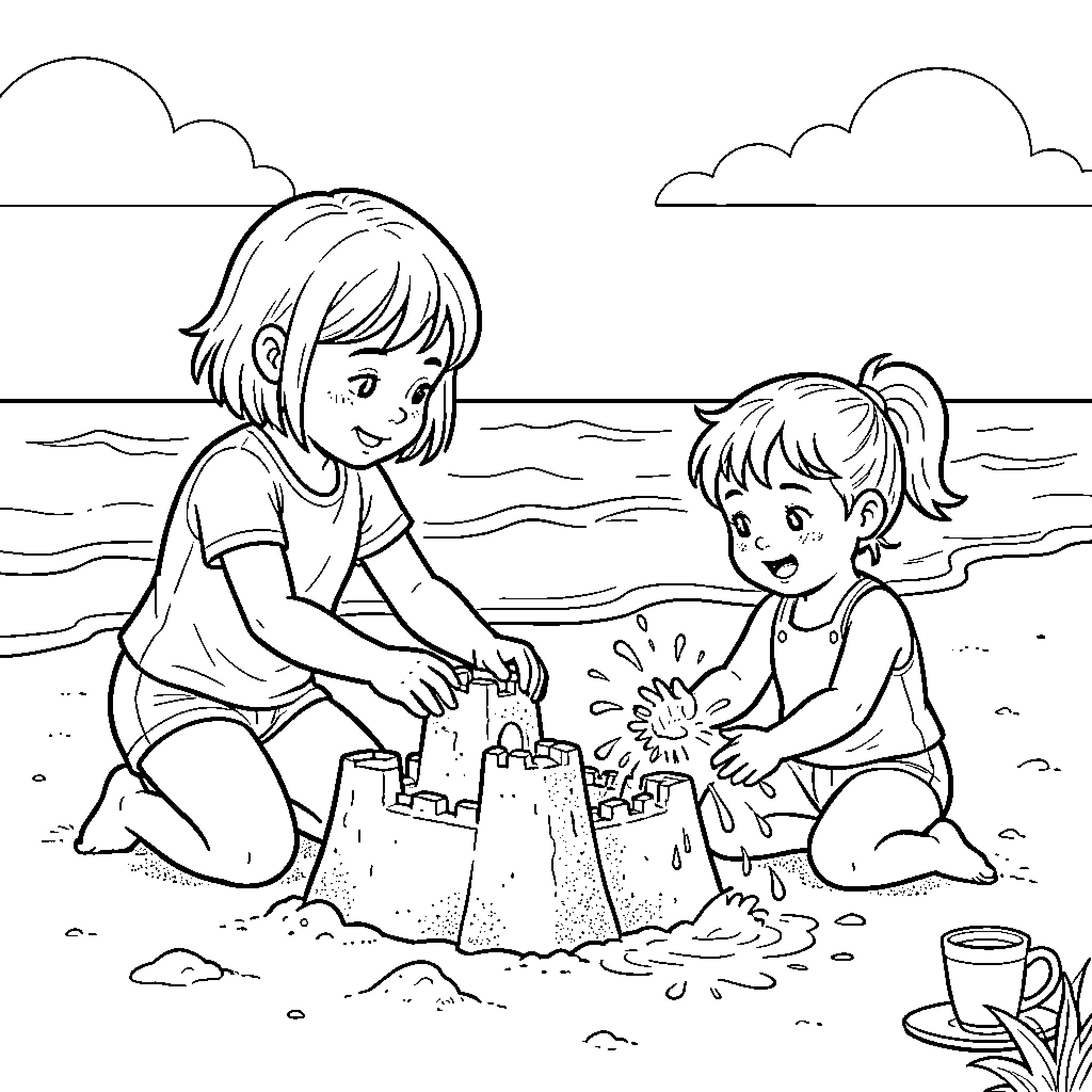 Fille building a sandcastle on the beach Coloring Page (free black-and-white line drawing printable PDF for all, from beginners to advanced learners, including children, teens, adults, and seniors)
