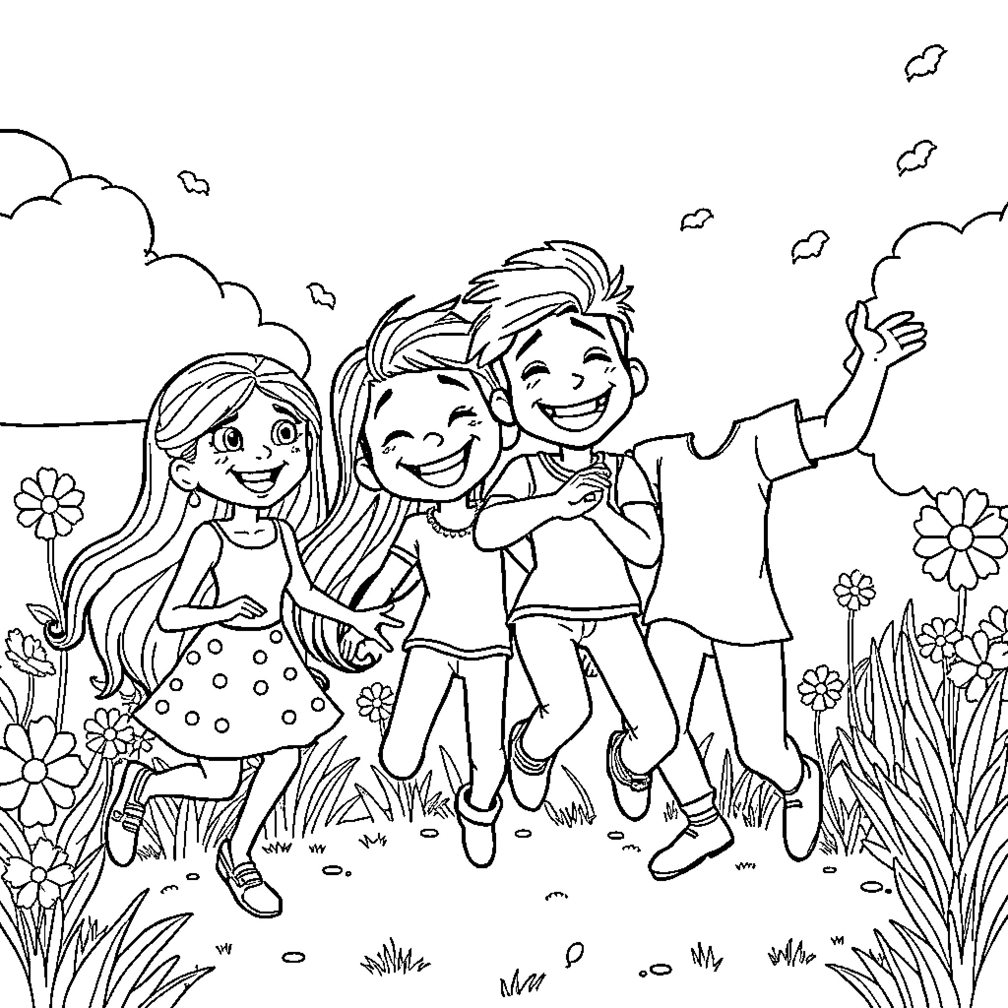 Inside Out 2: Friends Celebrate in Nature Coloring Page (free black-and-white line drawing printable PDF for all, from beginners to advanced learners, including children, teens, adults, and seniors)