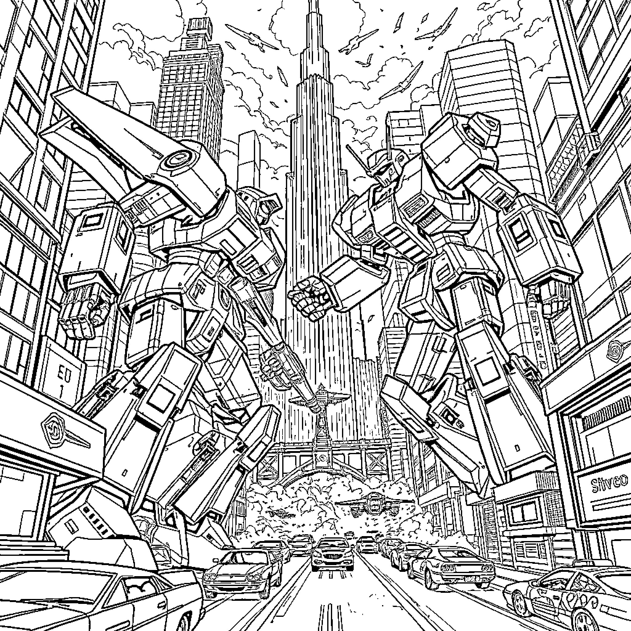 Robot Invasion in the City Skyline Coloring Page (free black-and-white line drawing printable PDF for all, from beginners to advanced learners, including children, teens, adults, and seniors)