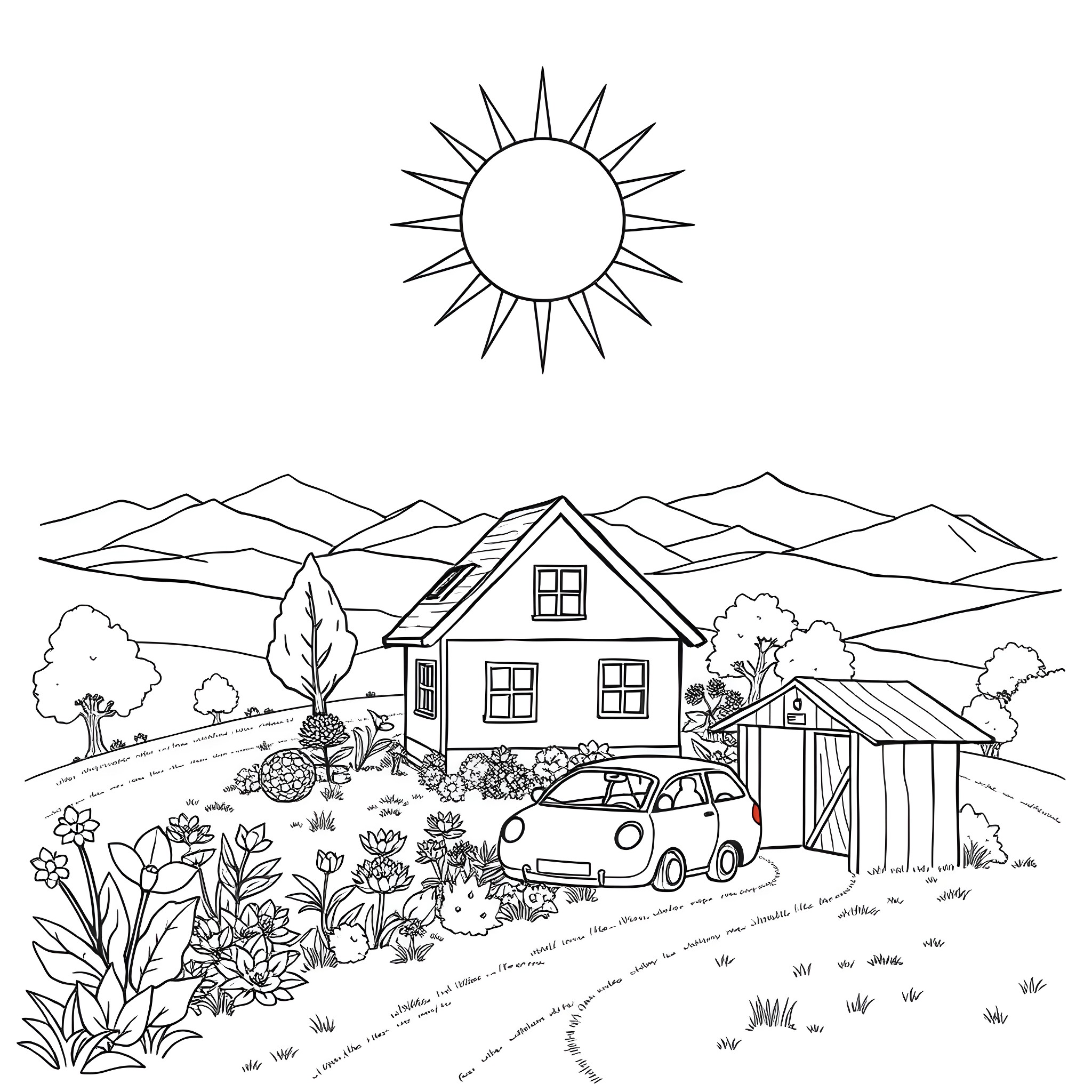 Home in the countryside with mountains and sun Coloring Page (free black-and-white line drawing printable PDF for all, from beginners to advanced learners, including children, teens, adults, and seniors)