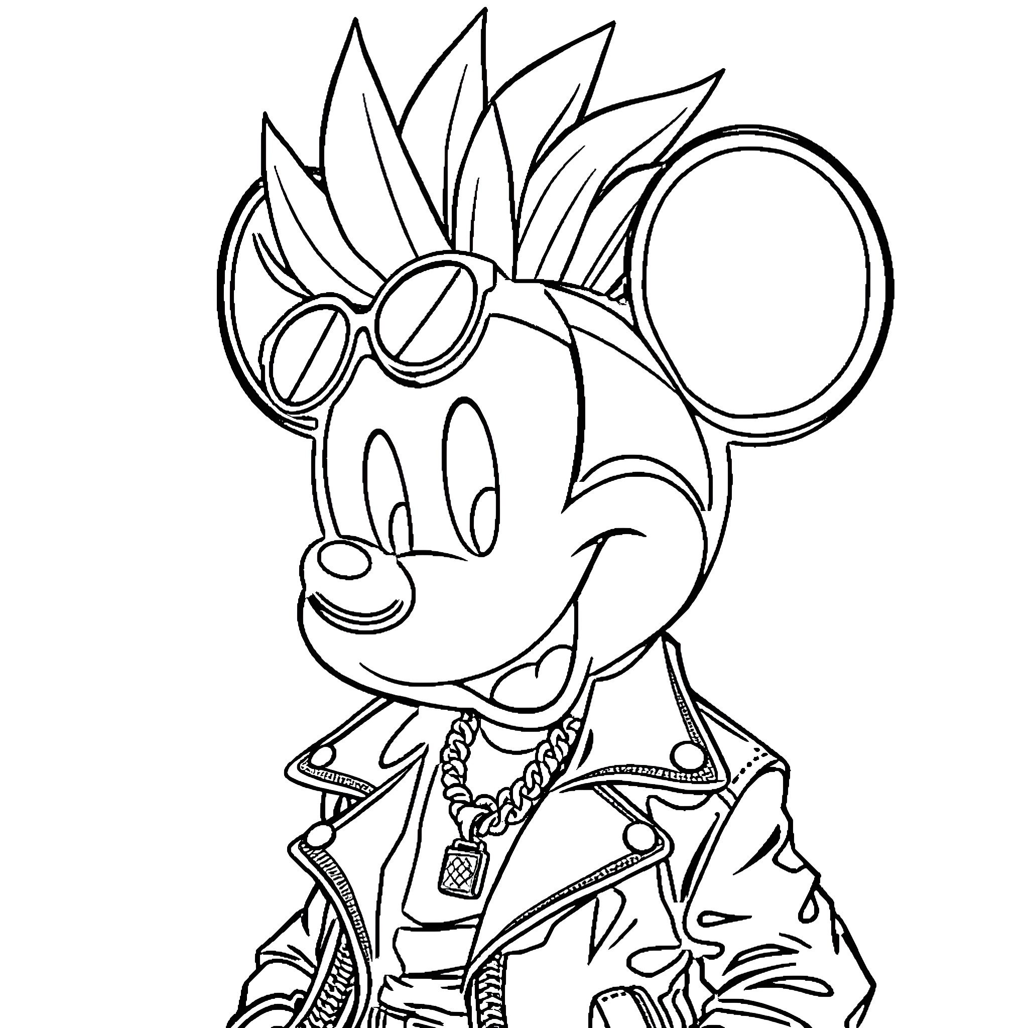 Mickey Mouse in Punk Rock Outfit Coloring Page (free black-and-white line drawing printable PDF for all, from beginners to advanced learners, including children, teens, adults, and seniors)