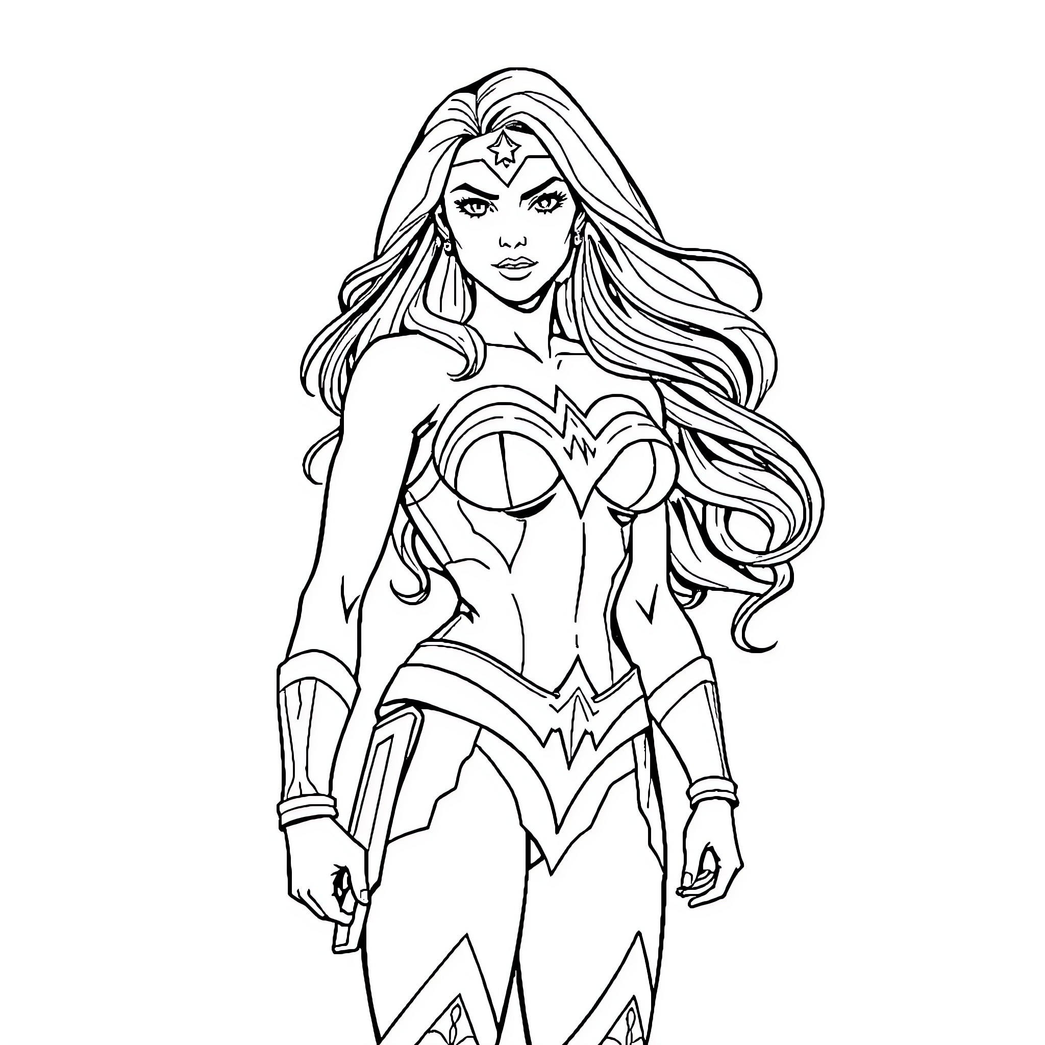 Wonder Woman in heroic action pose Coloring Page (free black-and-white line drawing printable PDF for all, from beginners to advanced learners, including children, teens, adults, and seniors)