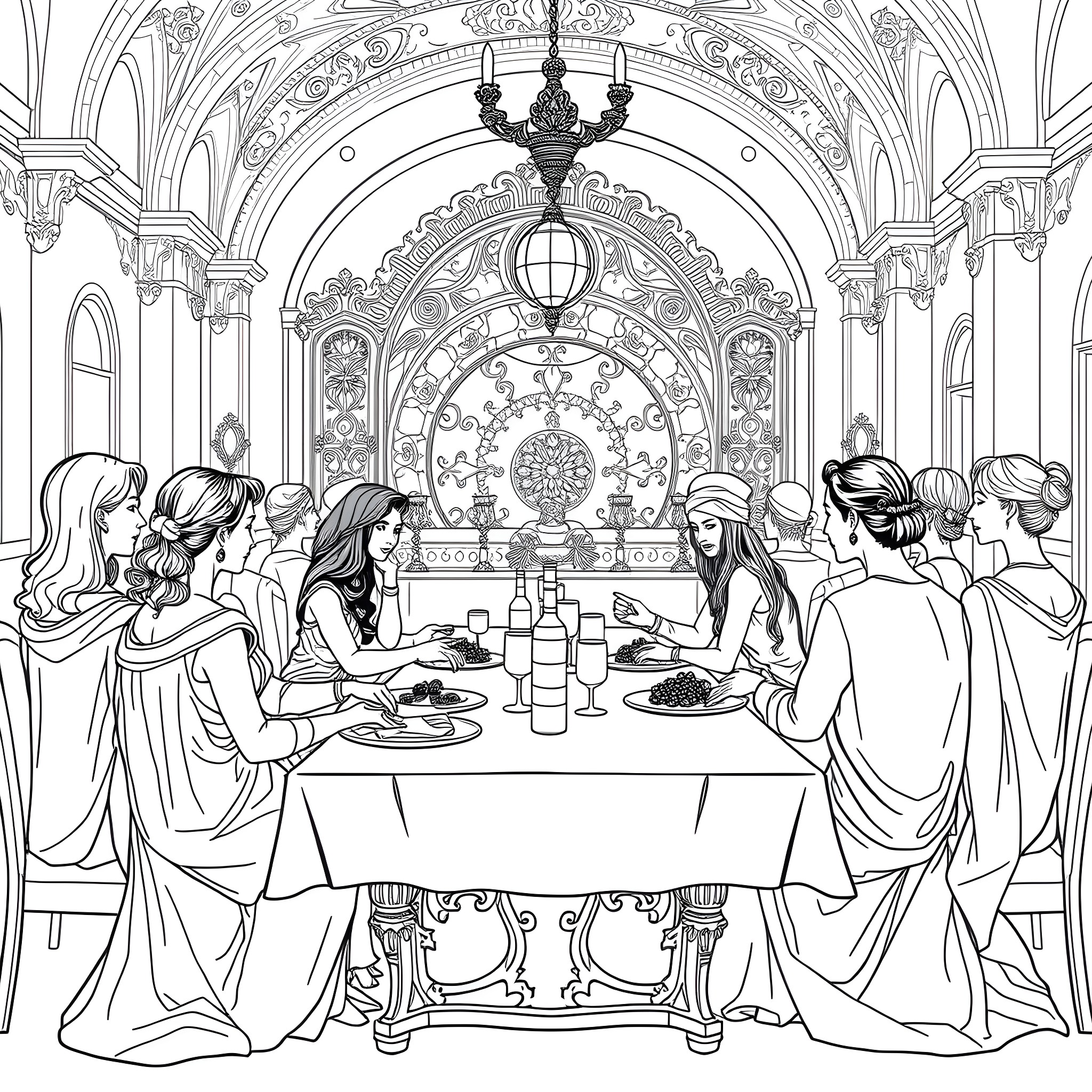 Last Supper - Figures Gathered Around the Table in an Ornate Cathedral Setting Coloring Page (free black-and-white line drawing printable PDF for all, from beginners to advanced learners, including children, teens, adults, and seniors)