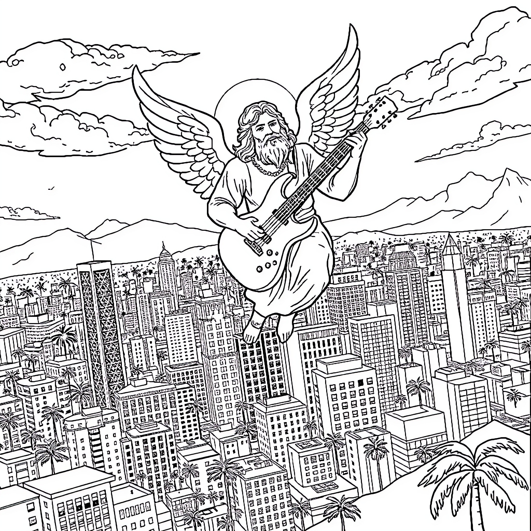 God Plays the Guitar Over the City Skyline Coloring Page (free black-and-white line drawing printable PDF for all, from beginners to advanced learners, including children, teens, adults, and seniors)