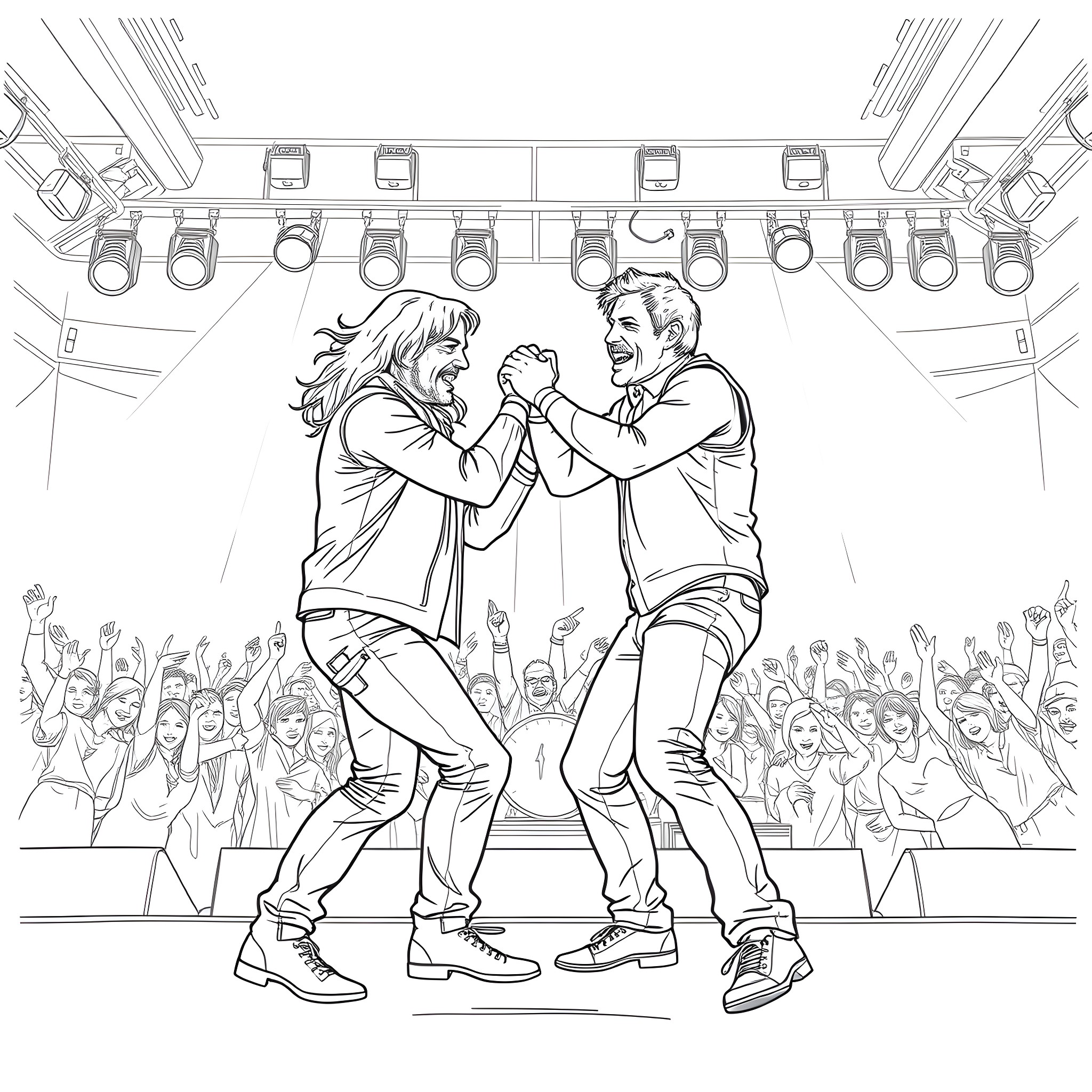 Eddie Vedder performing on stage with his bandmate Coloring Page (free black-and-white line drawing printable PDF for all, from beginners to advanced learners, including children, teens, adults, and seniors)
