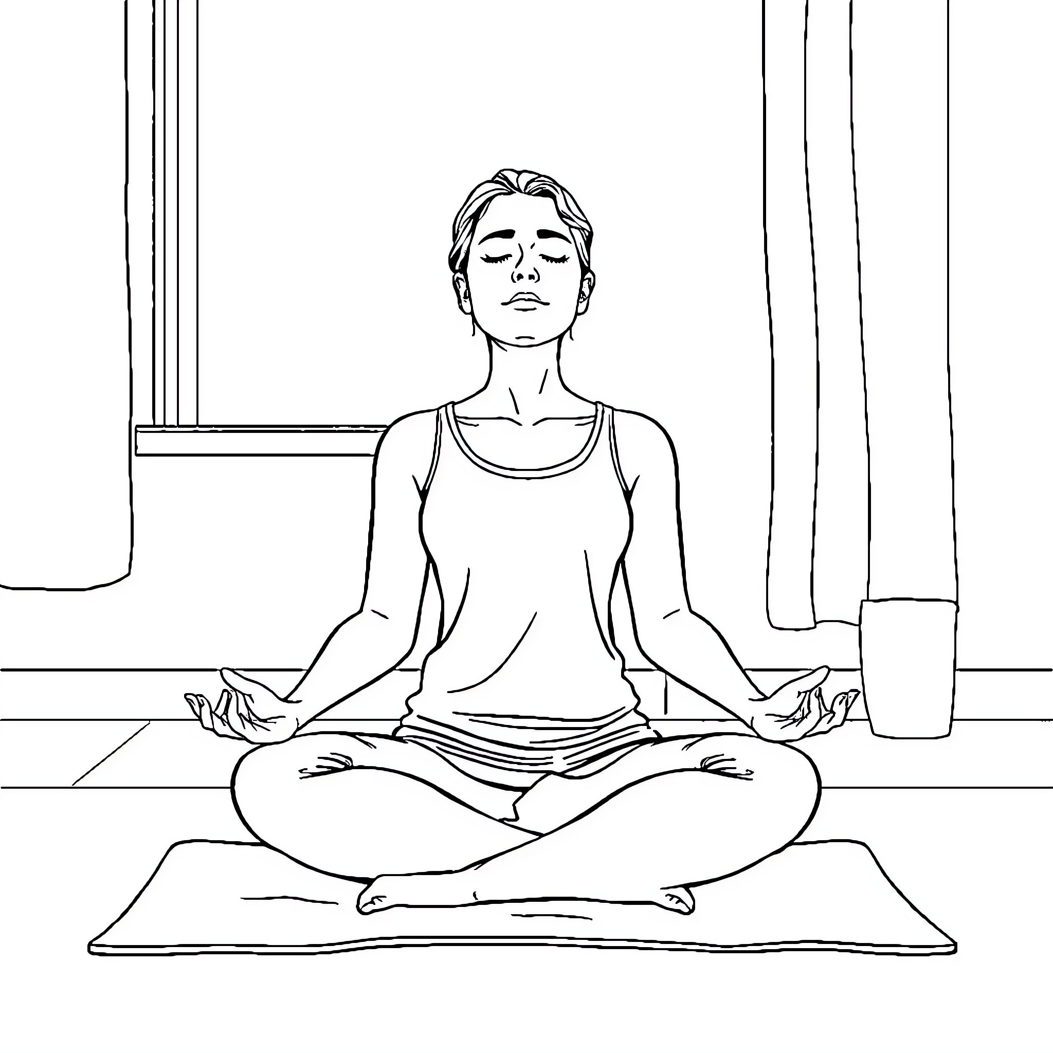 Woman practicing yoga in serene indoor setting Coloring Page (free black-and-white line drawing printable PDF for all, from beginners to advanced learners, including children, teens, adults, and seniors)