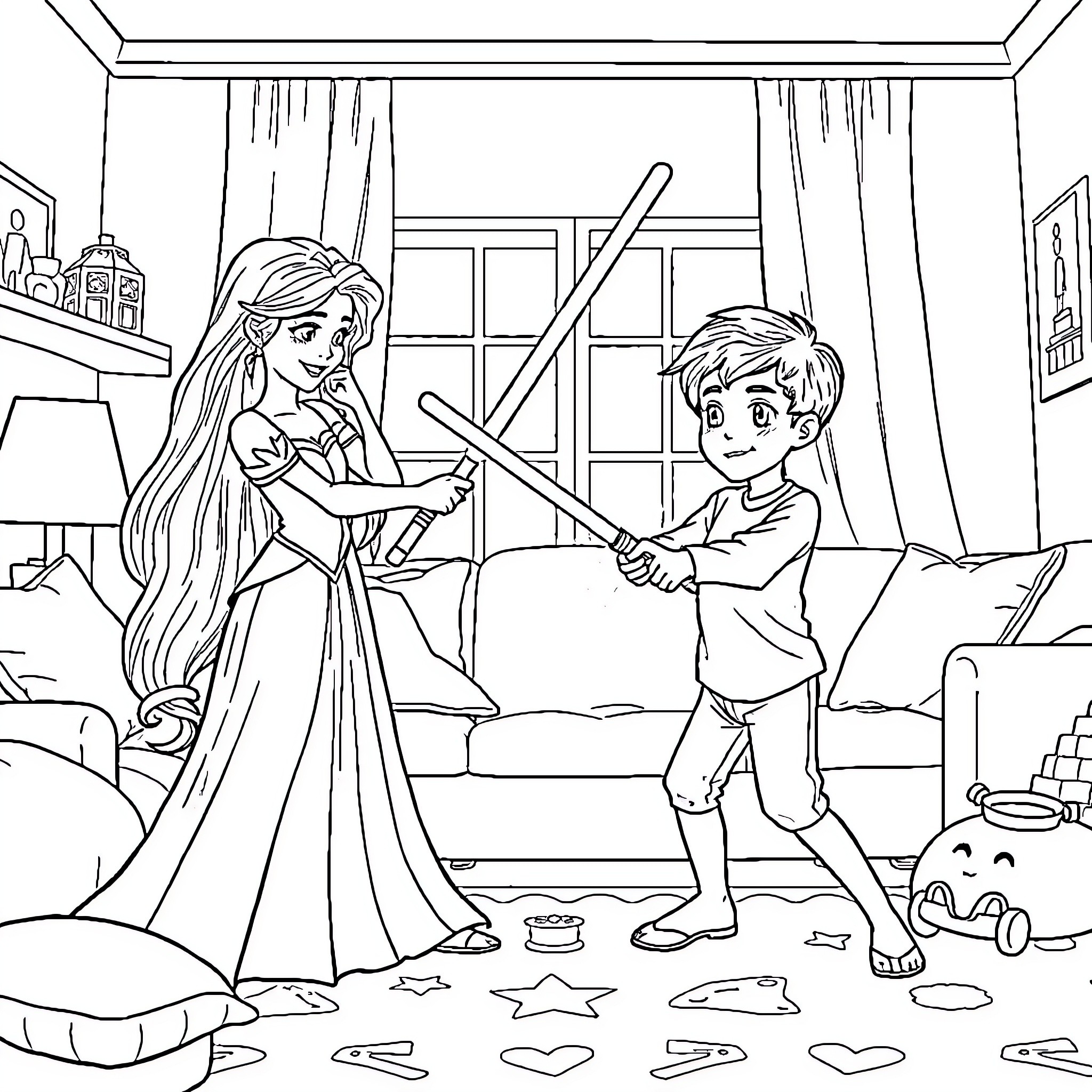 Princess and Boy Playing with Swords in Room Coloring Page (free black-and-white line drawing printable PDF for all, from beginners to advanced learners, including children, teens, adults, and seniors)
