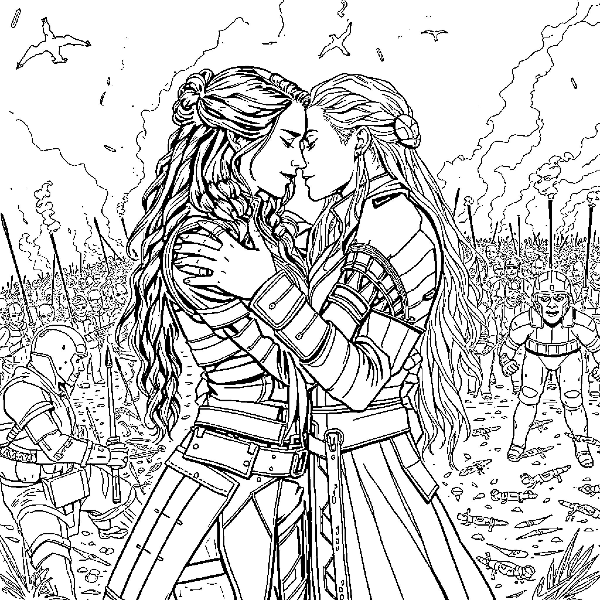 Lexa's Passionate Embrace on the Battlefield Coloring Page (free black-and-white line drawing printable PDF for all, from beginners to advanced learners, including children, teens, adults, and seniors)