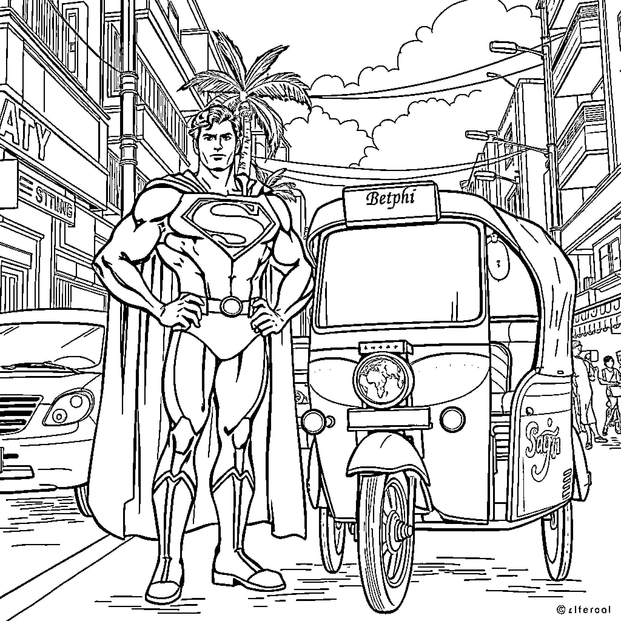 Superman Heroically Stands in City Alley Coloring Page (free black-and-white line drawing printable PDF for all, from beginners to advanced learners, including children, teens, adults, and seniors)