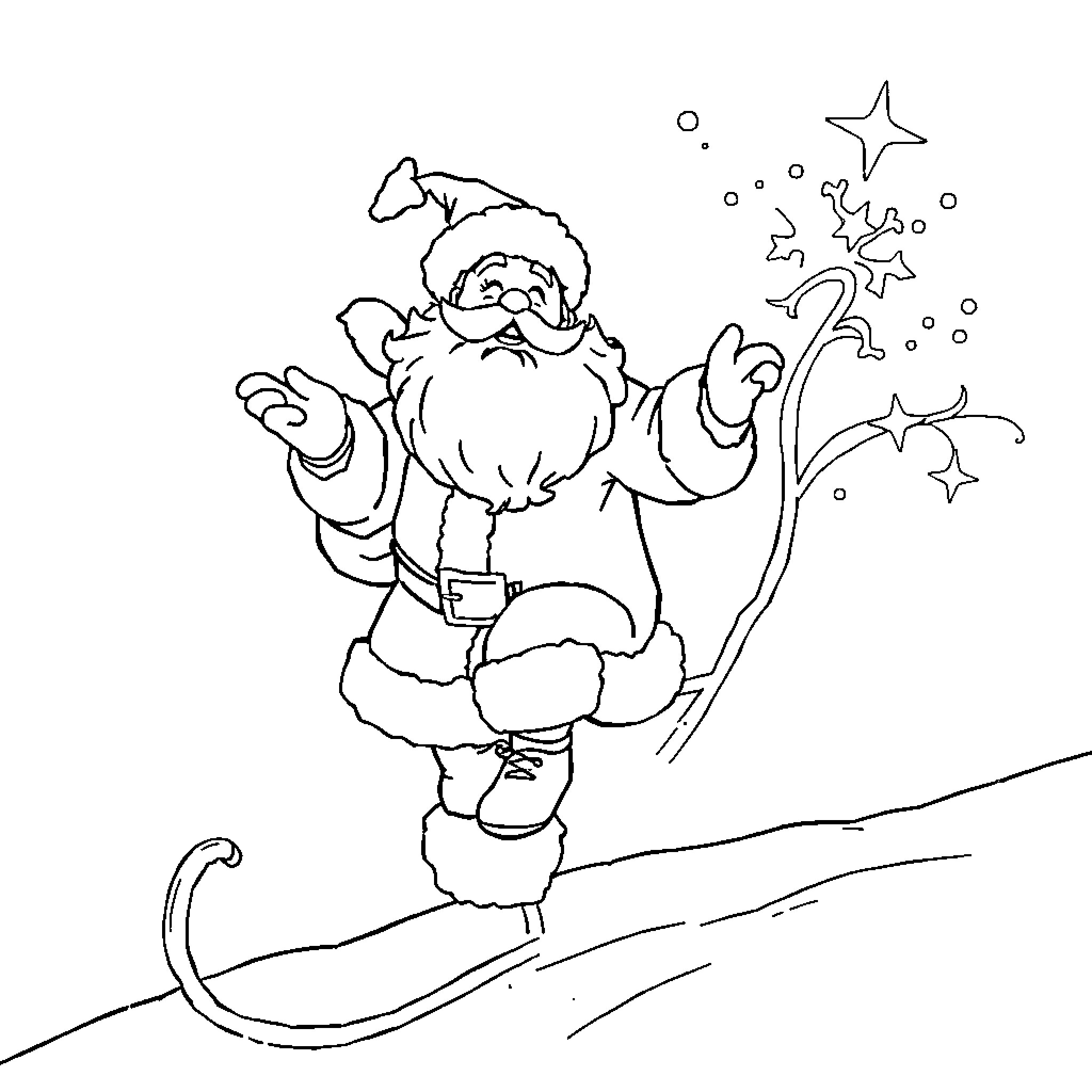 Santa Claus Spreading Holiday Cheer Coloring Page (free black-and-white line drawing printable PDF for all, from beginners to advanced learners, including children, teens, adults, and seniors)