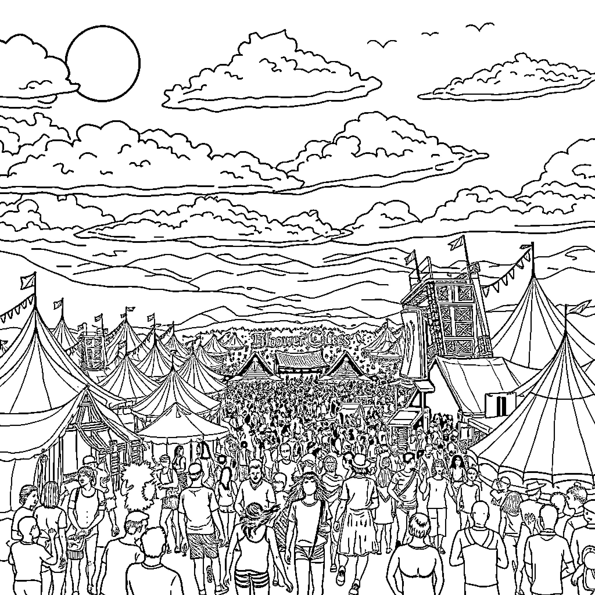Glastonbury Festival - Crowds, Tents, and Lively Scene Coloring Page (free black-and-white line drawing printable PDF for all, from beginners to advanced learners, including children, teens, adults, and seniors)