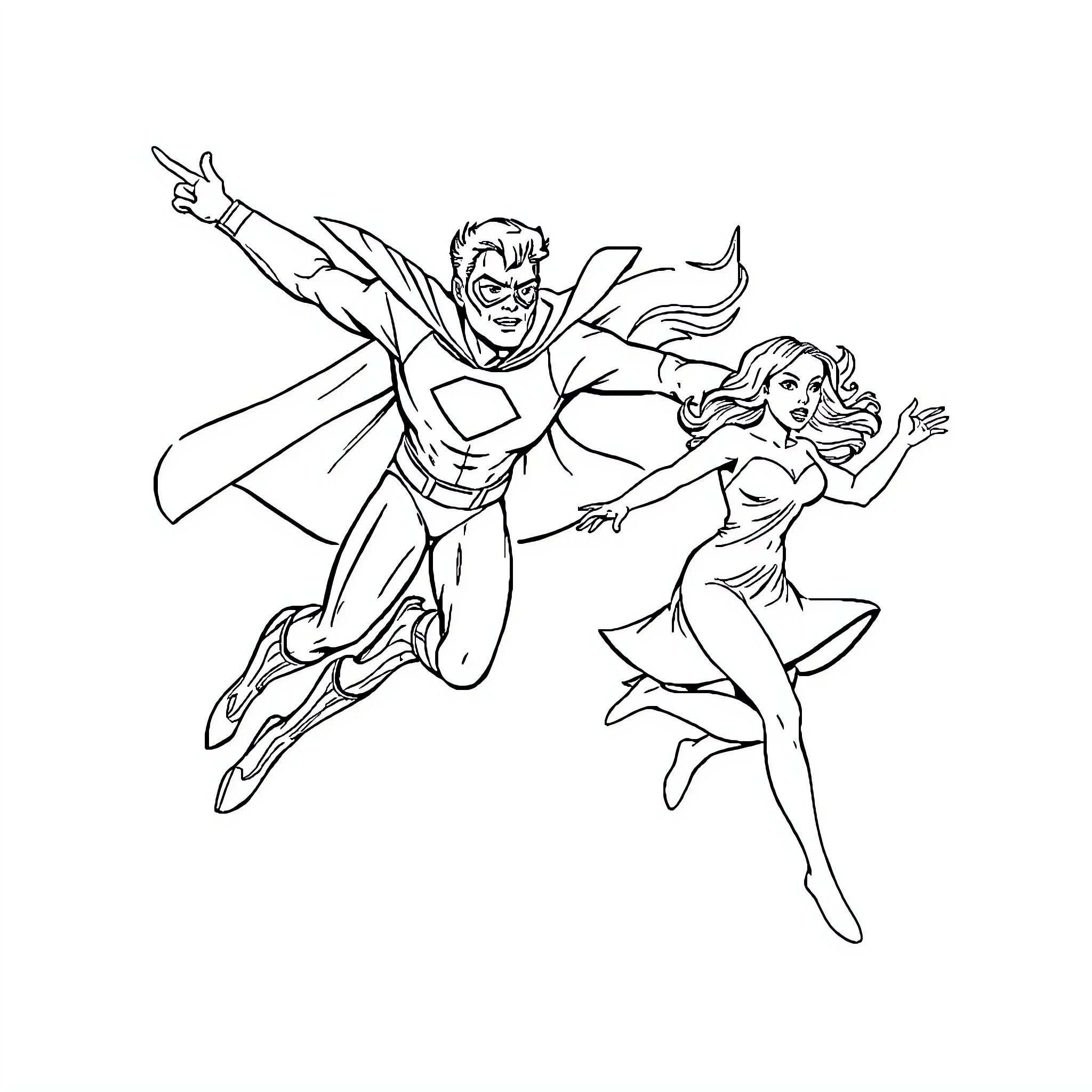 Superhero duo taking flight into action Coloring Page (free black-and-white line drawing printable PDF for all, from beginners to advanced learners, including children, teens, adults, and seniors)