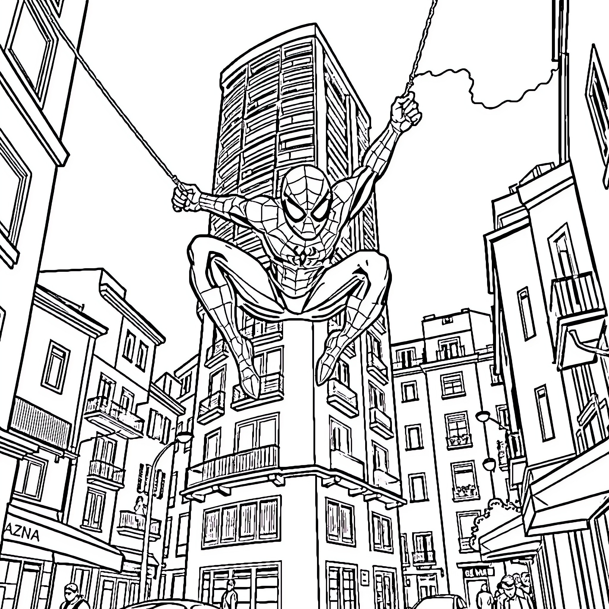 Spiderman swinging through the city skyline Coloring Page (free black-and-white line drawing printable PDF for all, from beginners to advanced learners, including children, teens, adults, and seniors)