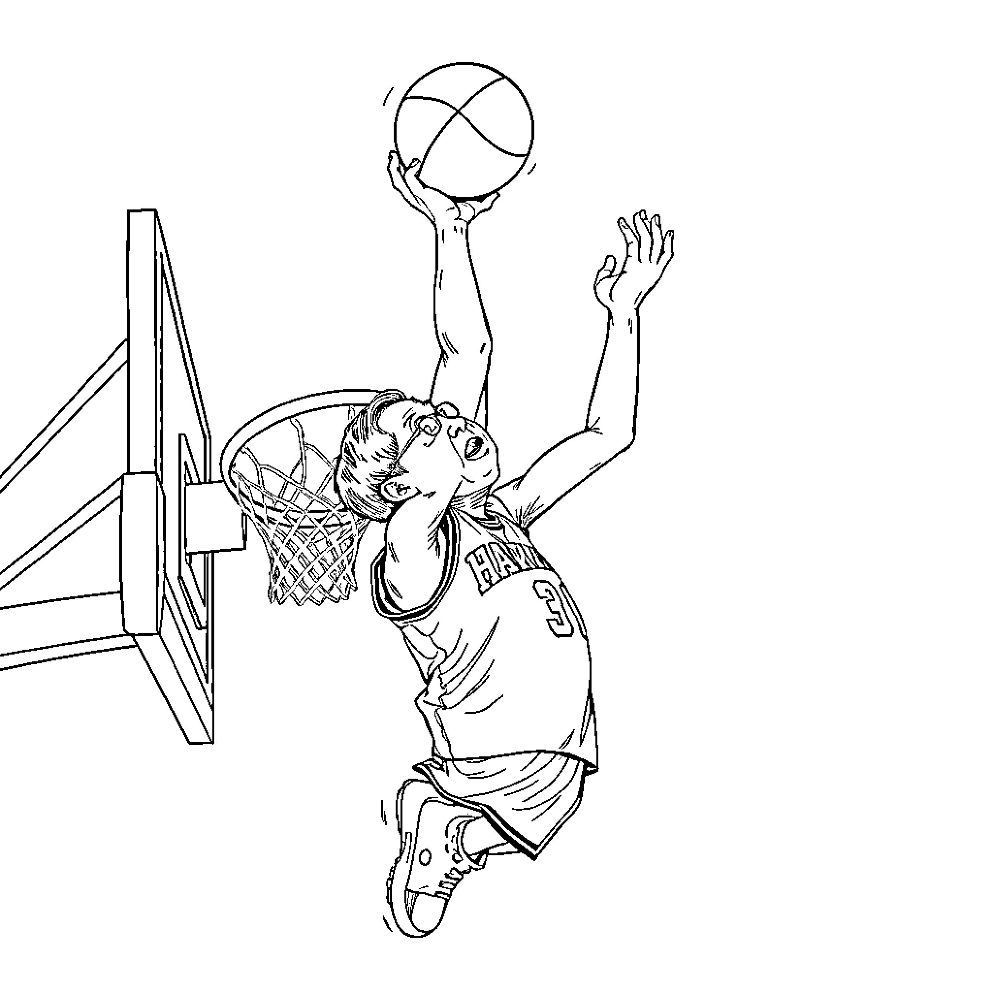 Stephen Hawking playing basketball with passion Coloring Page (free black-and-white line drawing printable PDF for all, from beginners to advanced learners, including children, teens, adults, and seniors)