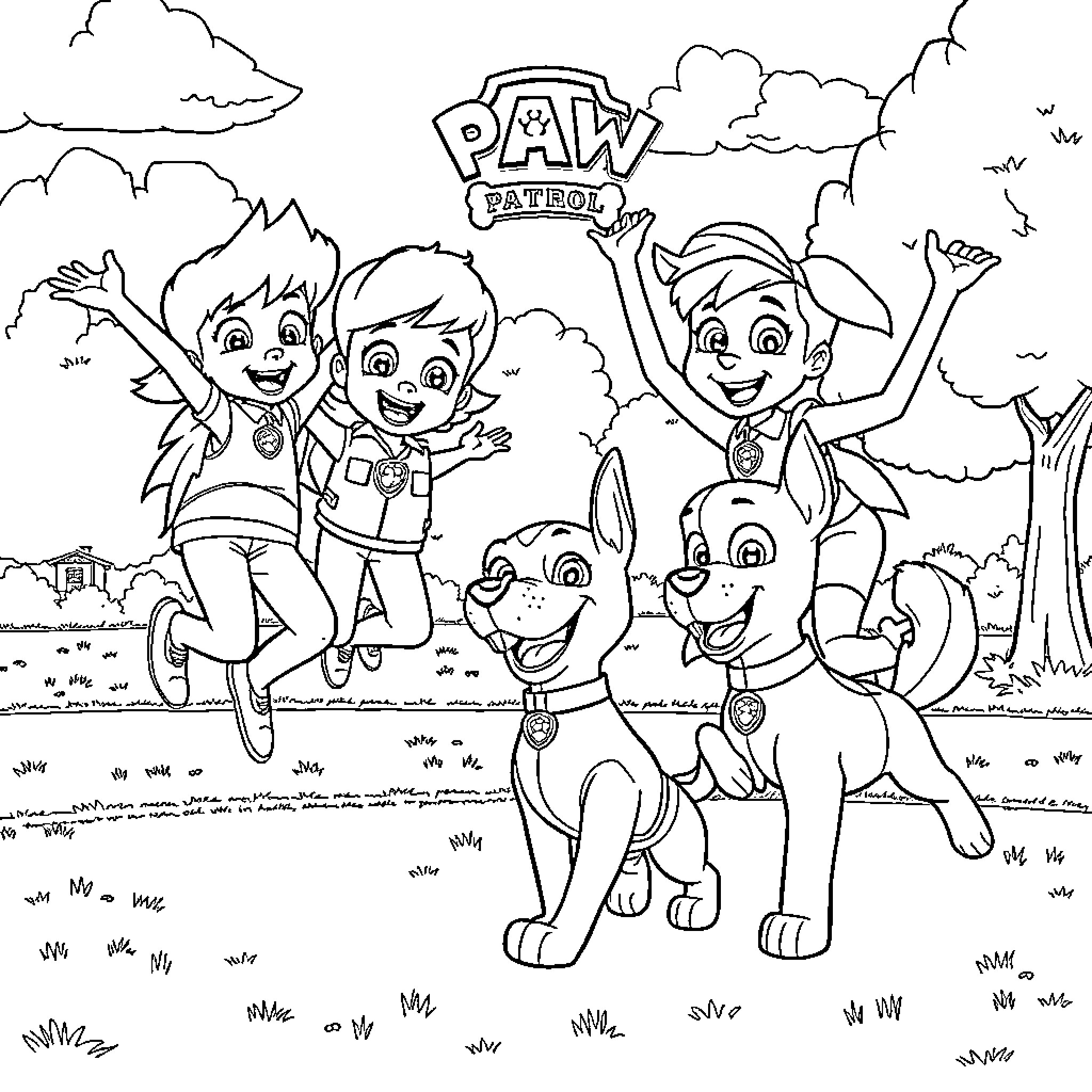 Paw Patrol Characters in the Park Coloring Page (free black-and-white line drawing printable PDF for all, from beginners to advanced learners, including children, teens, adults, and seniors)