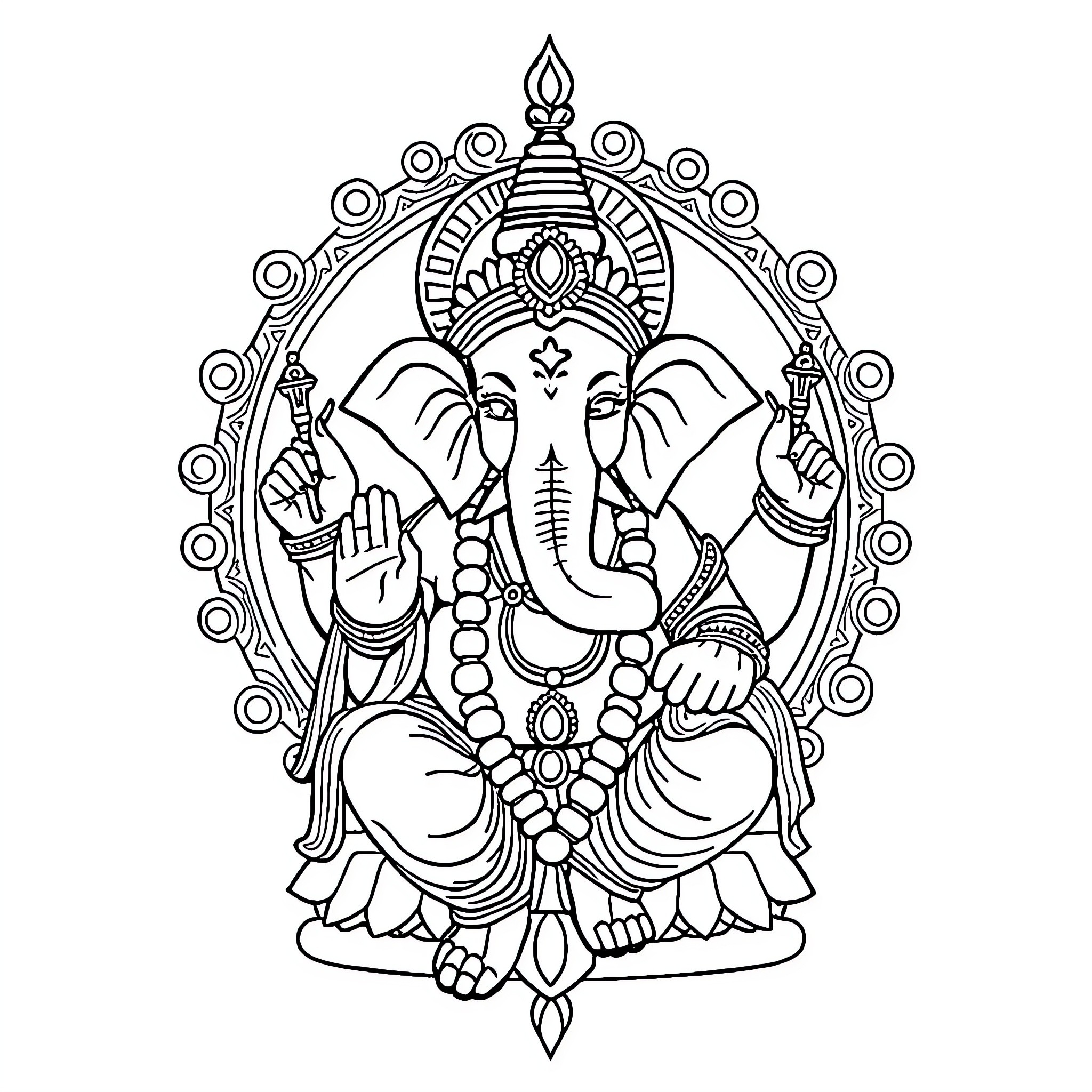 Ganpati in Ornate Spiritual Posture Coloring Page (free black-and-white line drawing printable PDF for all, from beginners to advanced learners, including children, teens, adults, and seniors)