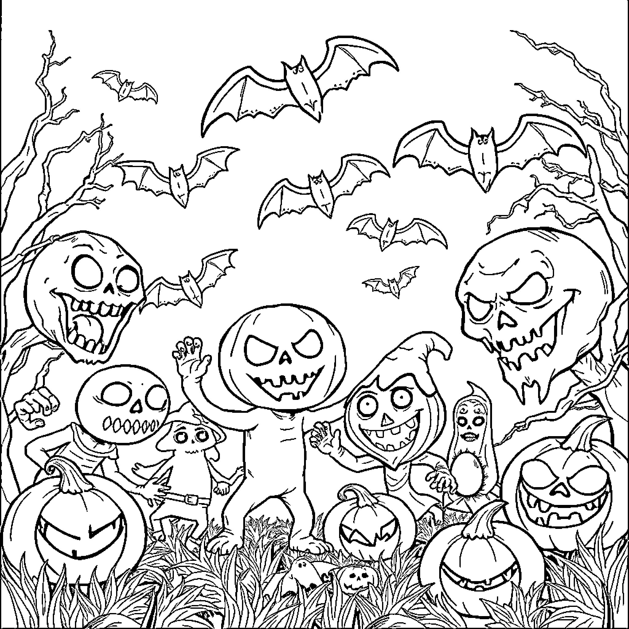 Monster Halloween Party in the Enchanted Forest Coloring Page (free black-and-white line drawing printable PDF for all, from beginners to advanced learners, including children, teens, adults, and seniors)