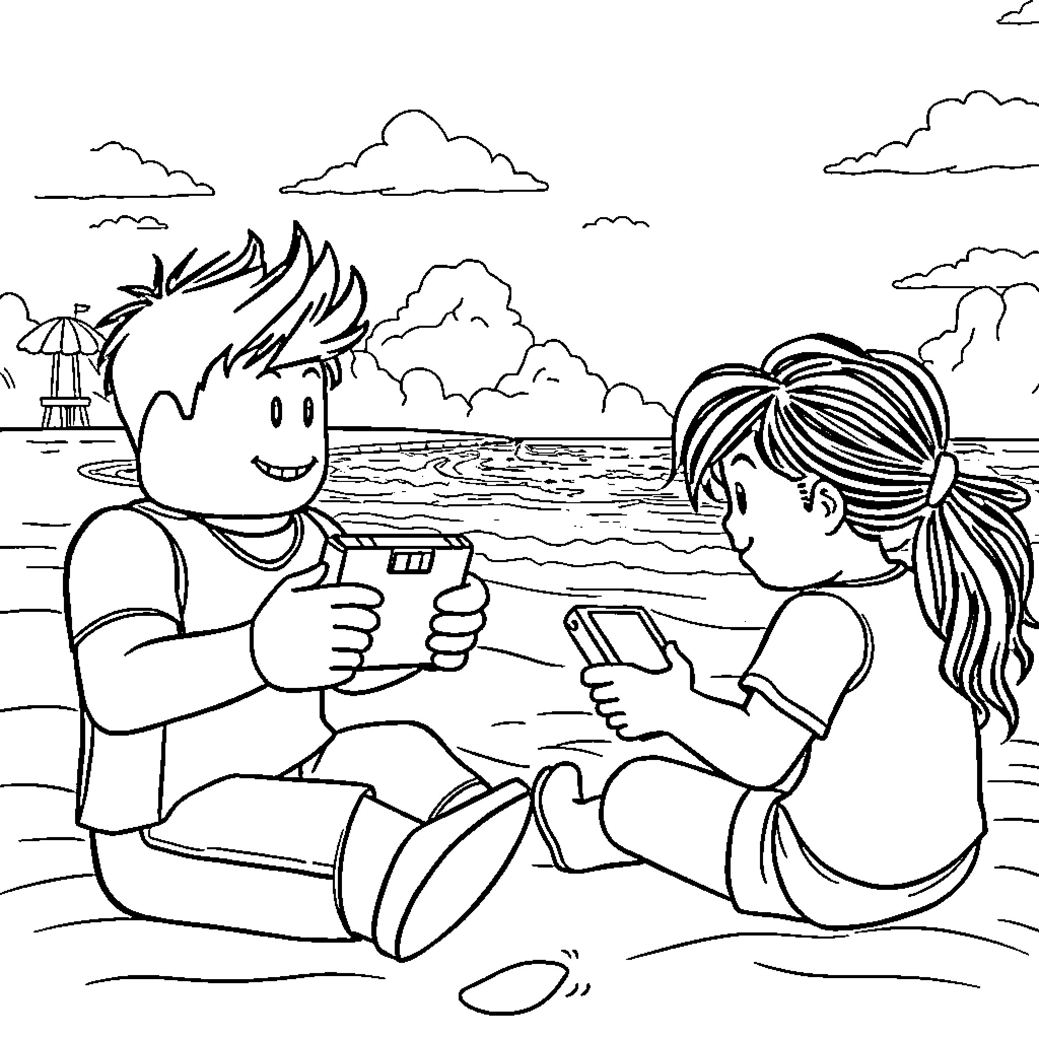Roblox characters enjoying beach day together Coloring Page (free black-and-white line drawing printable PDF for all, from beginners to advanced learners, including children, teens, adults, and seniors)