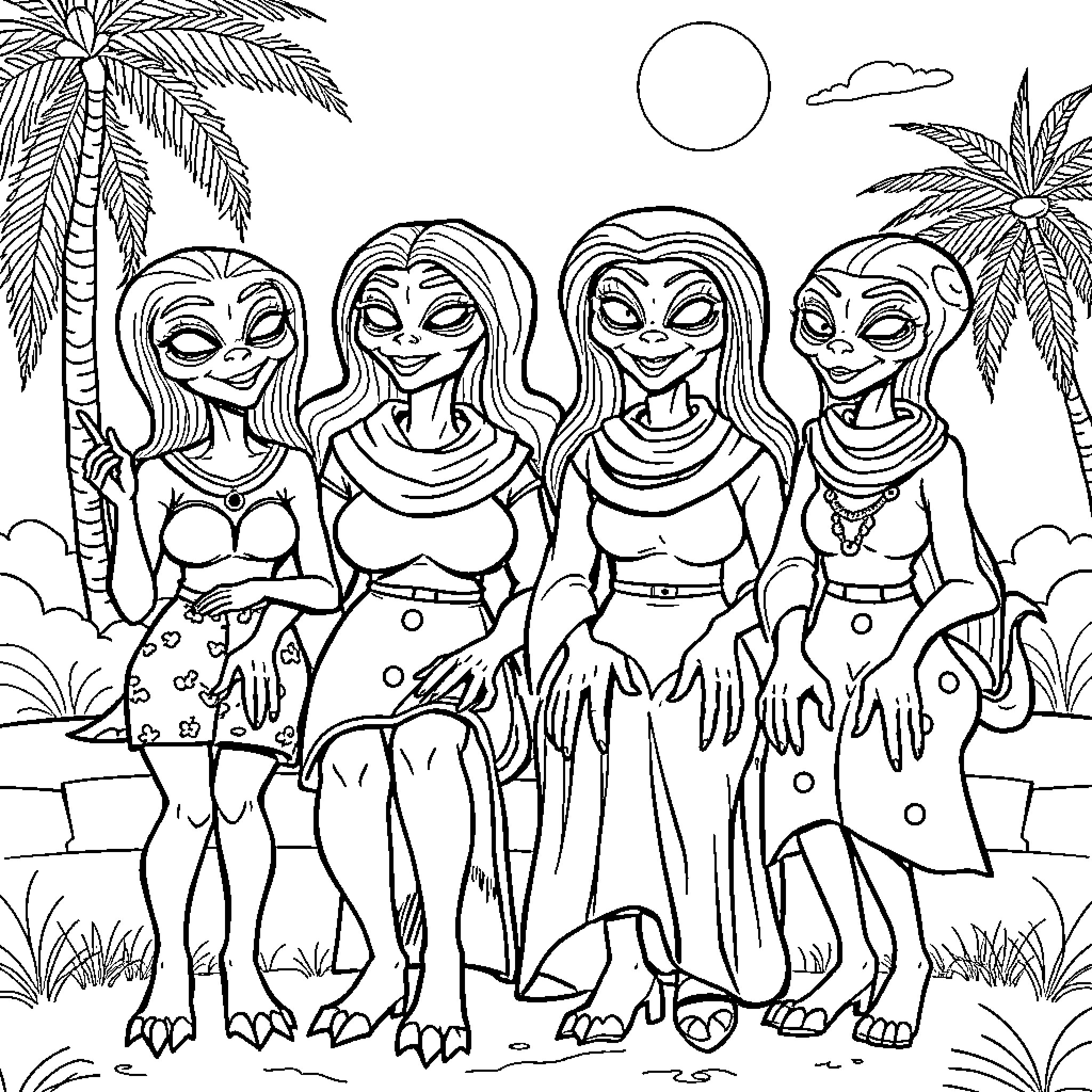 Alien girls enjoying tropical beach scenery Coloring Page (free black-and-white line drawing printable PDF for all, from beginners to advanced learners, including children, teens, adults, and seniors)