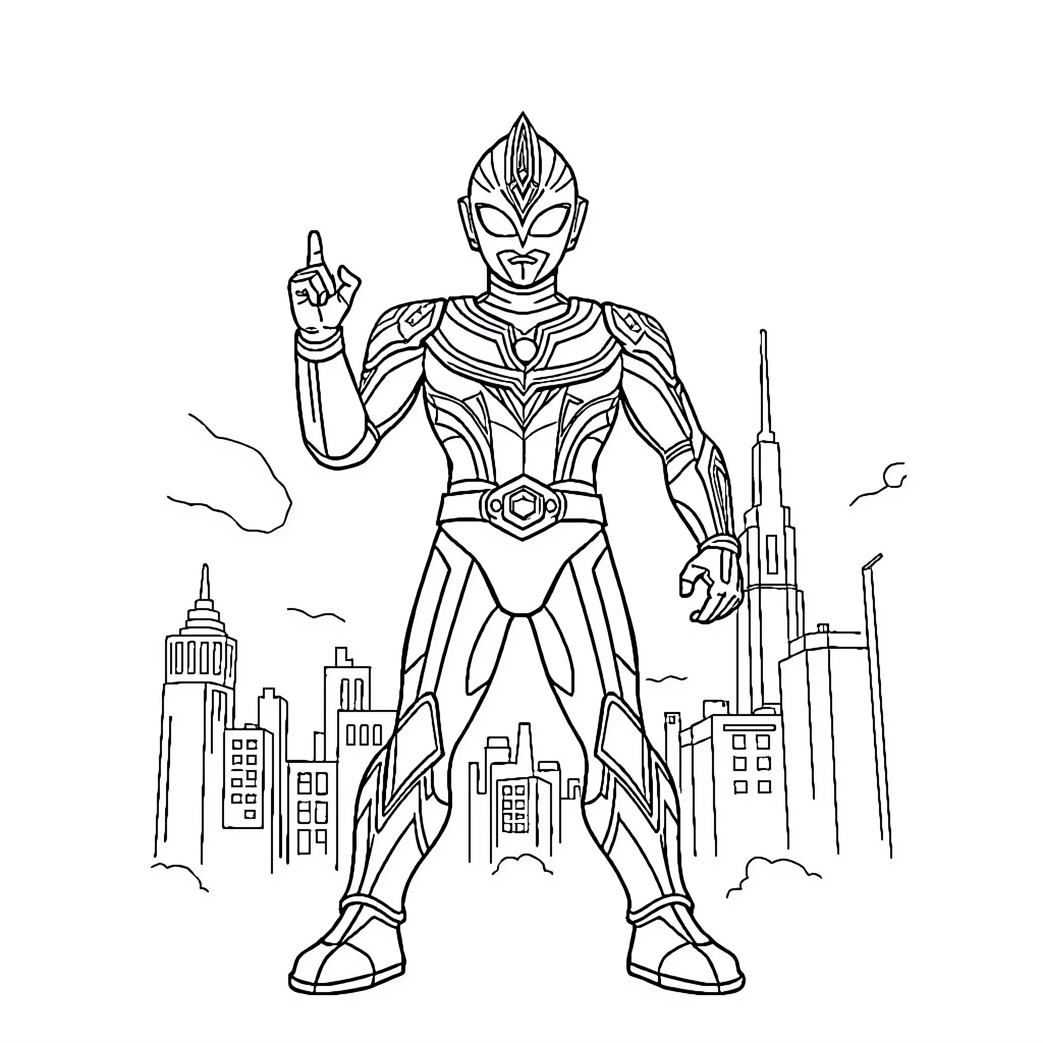 Ultraman heroically poses in the city Coloring Page (free black-and-white line drawing printable PDF for all, from beginners to advanced learners, including children, teens, adults, and seniors)