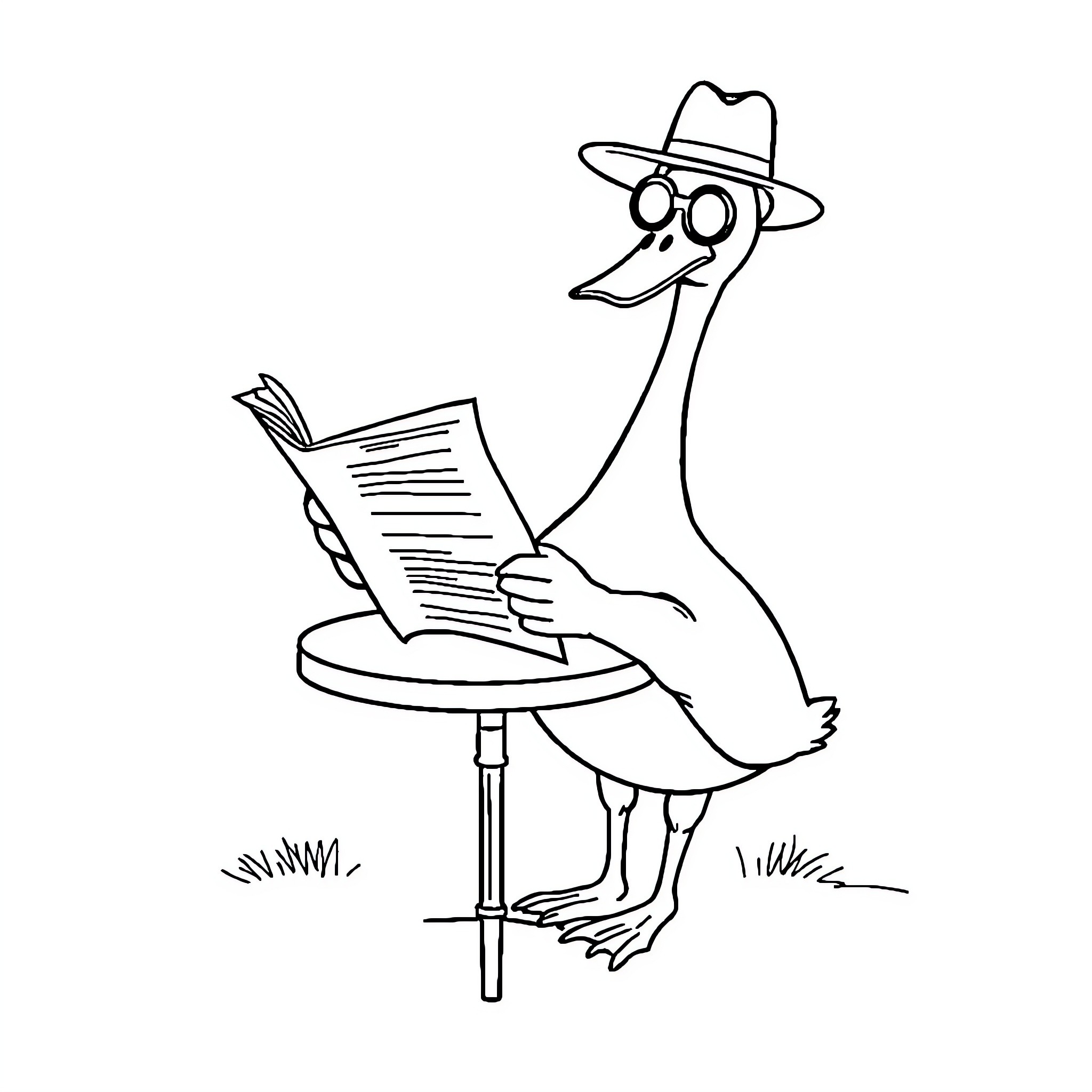 Goose reading newspaper in contemplation Coloring Page (free black-and-white line drawing printable PDF for all, from beginners to advanced learners, including children, teens, adults, and seniors)
