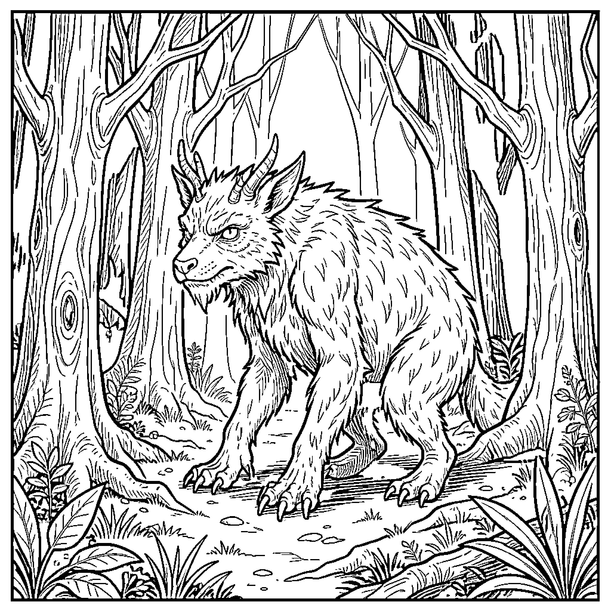 Cryptid creature prowling through the dense forest Coloring Page (free black-and-white line drawing printable PDF for all, from beginners to advanced learners, including children, teens, adults, and seniors)