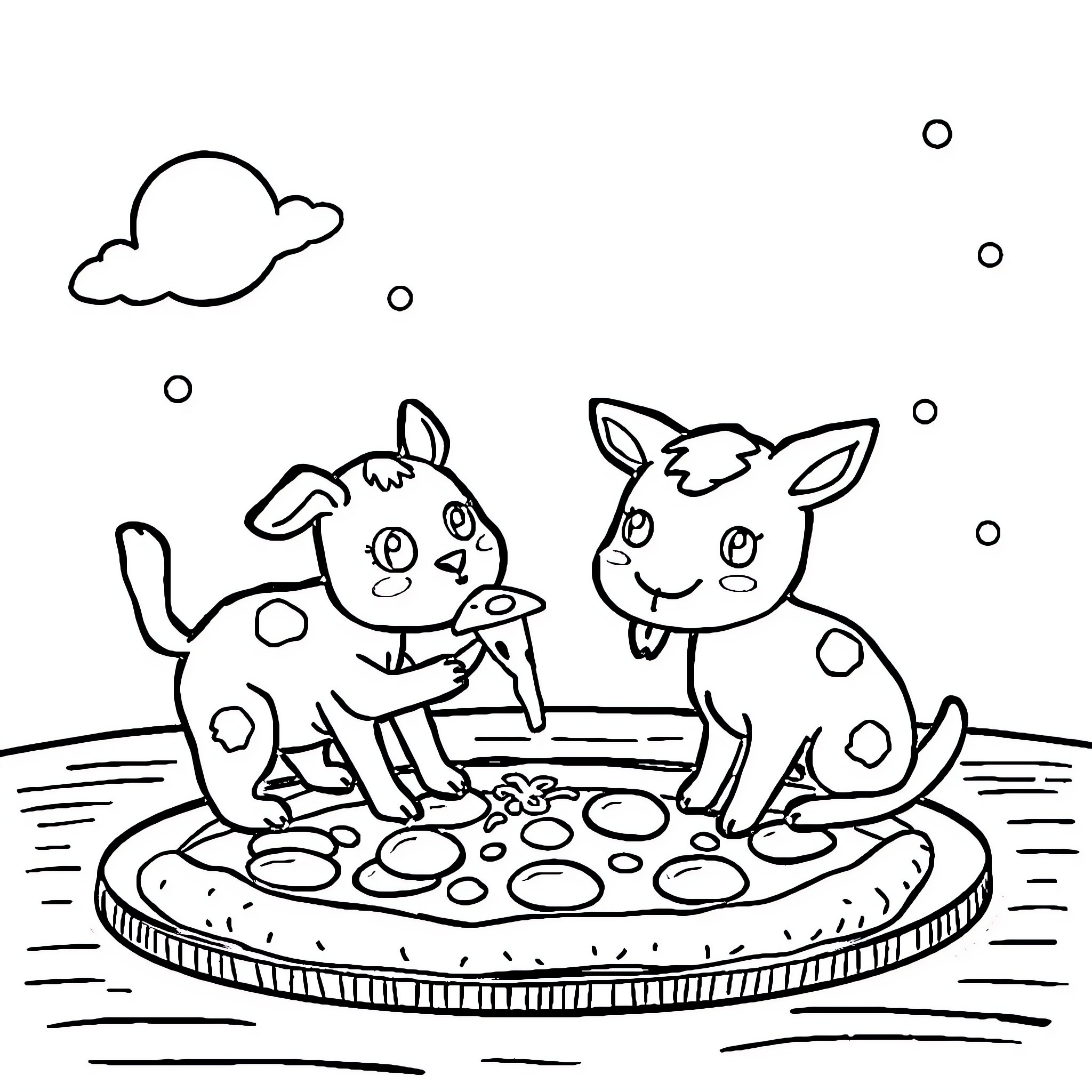 Taco Cat Goat Cheese Pizza: Playful Pets on a Spotty Pizza Coloring Page (free black-and-white line drawing printable PDF for all, from beginners to advanced learners, including children, teens, adults, and seniors)