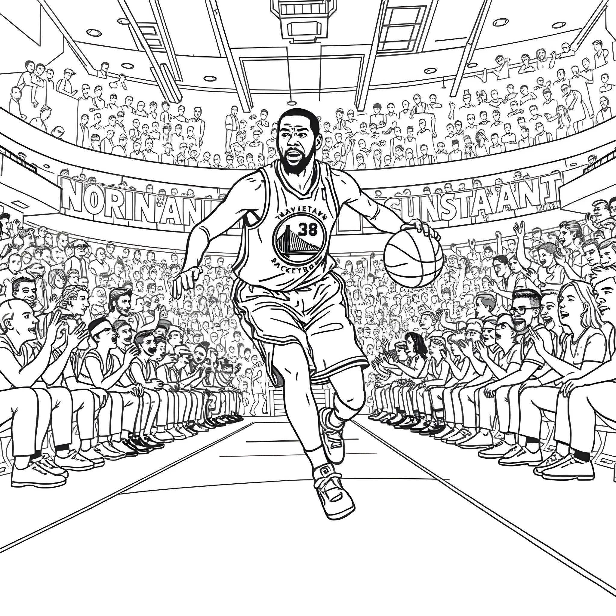 Kevin Durant Dominates on the Basketball Court Coloring Page (free black-and-white line drawing printable PDF for all, from beginners to advanced learners, including children, teens, adults, and seniors)