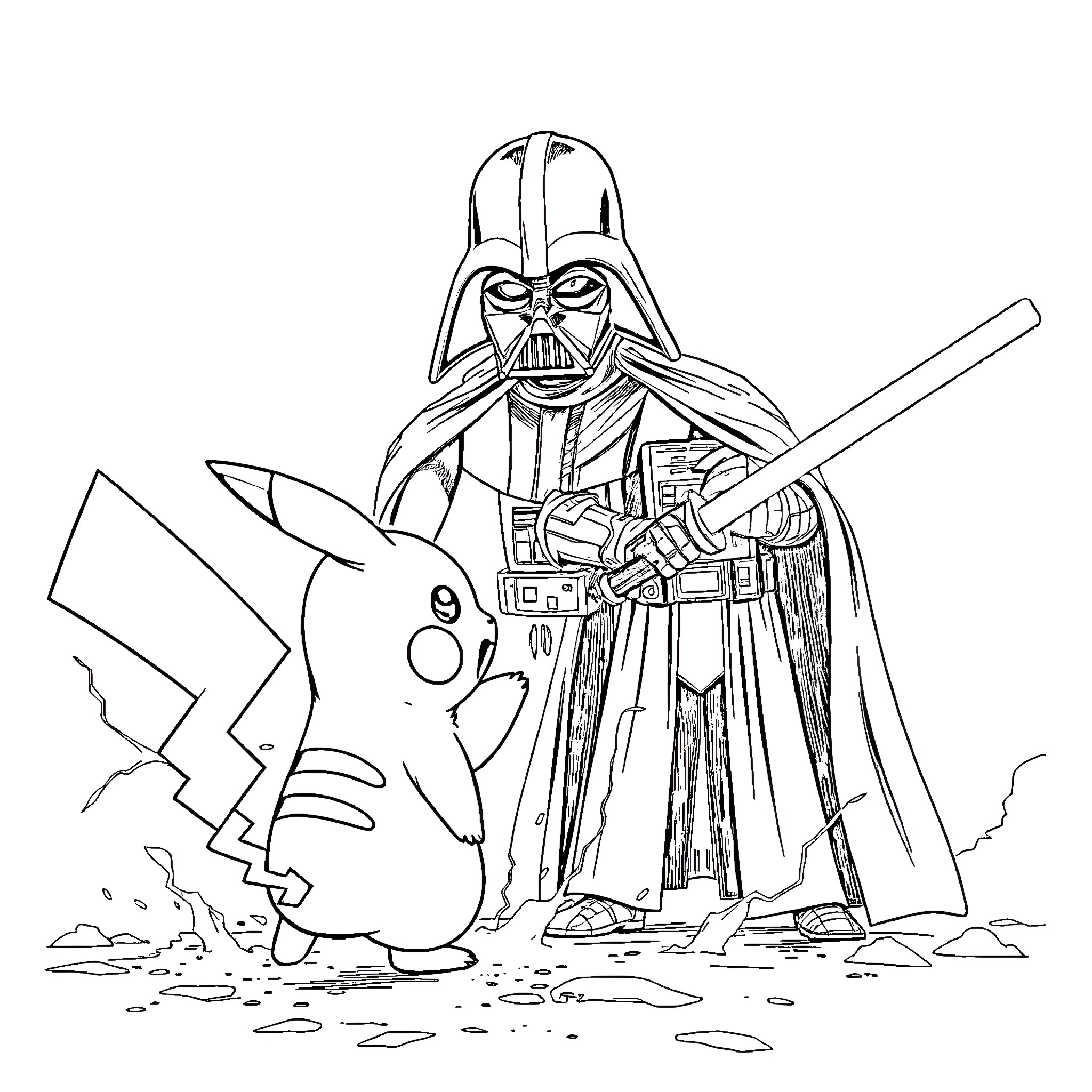 Pikachu encounters Darth Vader in a surreal scene Coloring Page (free black-and-white line drawing printable PDF for all, from beginners to advanced learners, including children, teens, adults, and seniors)