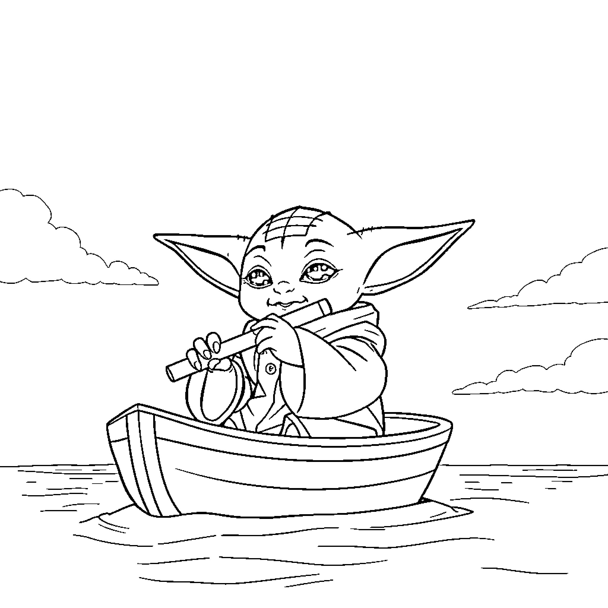 Baby Yoda steering a boat on the water Coloring Page (free black-and-white line drawing printable PDF for all, from beginners to advanced learners, including children, teens, adults, and seniors)