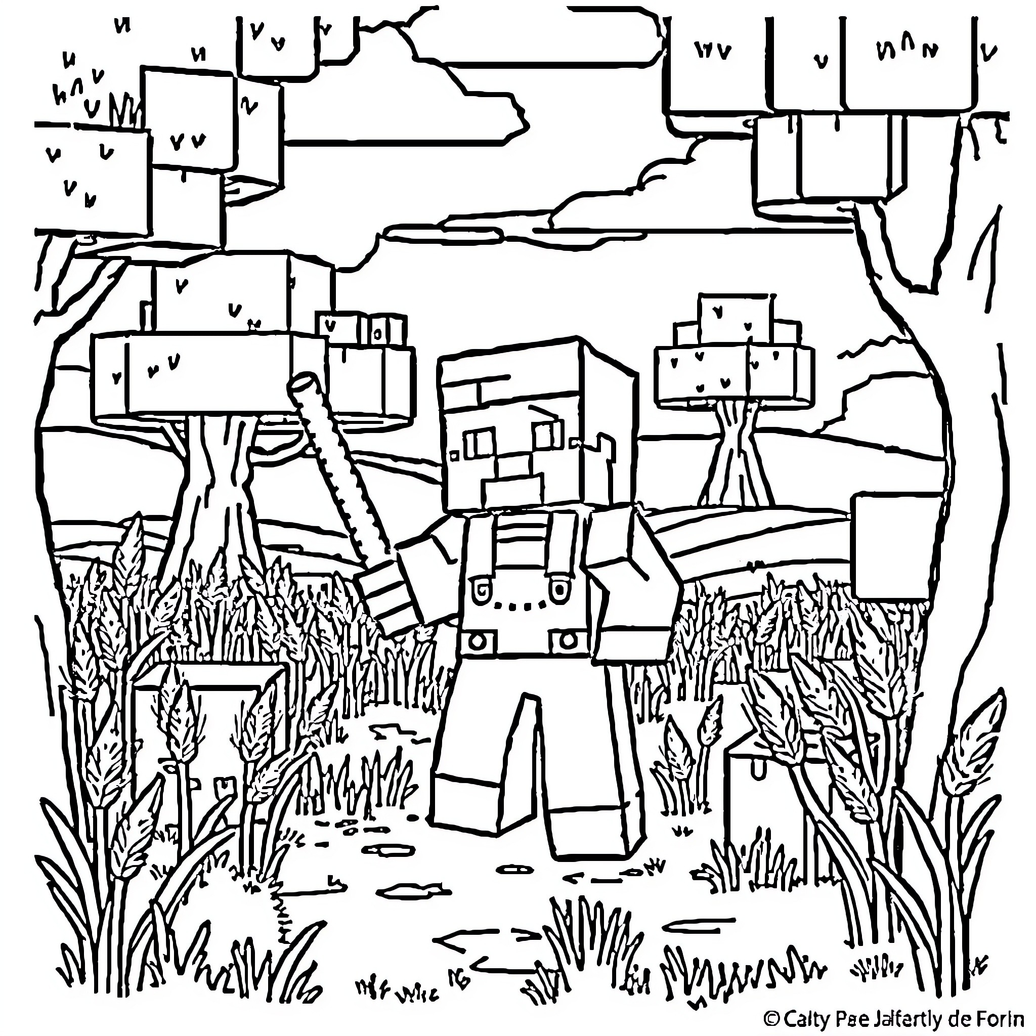 Farmer working in the countryside landscape Coloring Page (free black-and-white line drawing printable PDF for all, from beginners to advanced learners, including children, teens, adults, and seniors)