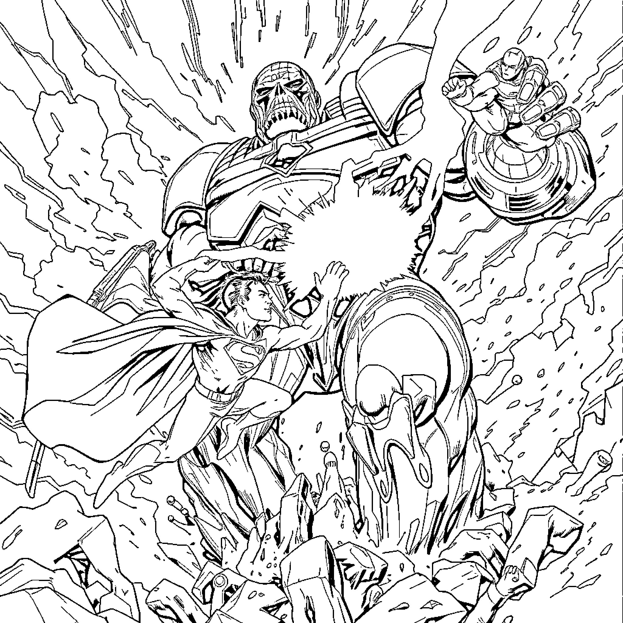 Superman heroically battles powerful foes in dramatic scene Coloring Page (free black-and-white line drawing printable PDF for all, from beginners to advanced learners, including children, teens, adults, and seniors)