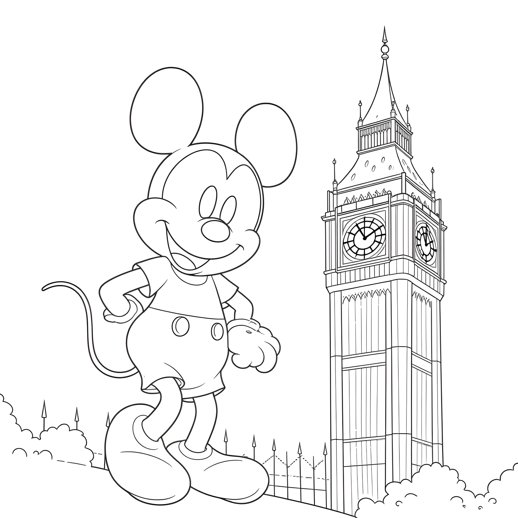 Mickey Mouse exploring Big Ben in London Coloring Page (free black-and-white line drawing printable PDF for all, from beginners to advanced learners, including children, teens, adults, and seniors)