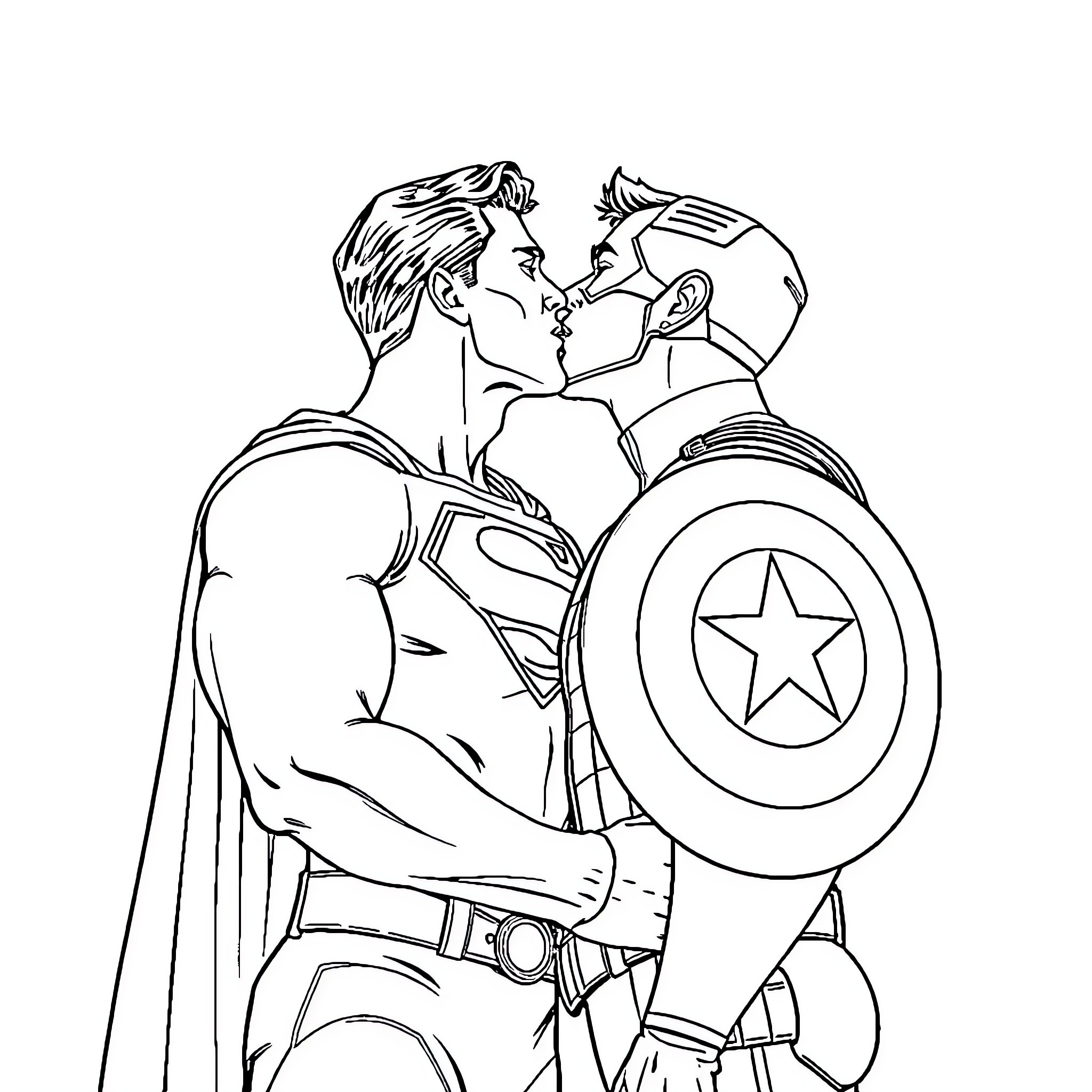 Superman and Captain America in combat Coloring Page (free black-and-white line drawing printable PDF for all, from beginners to advanced learners, including children, teens, adults, and seniors)